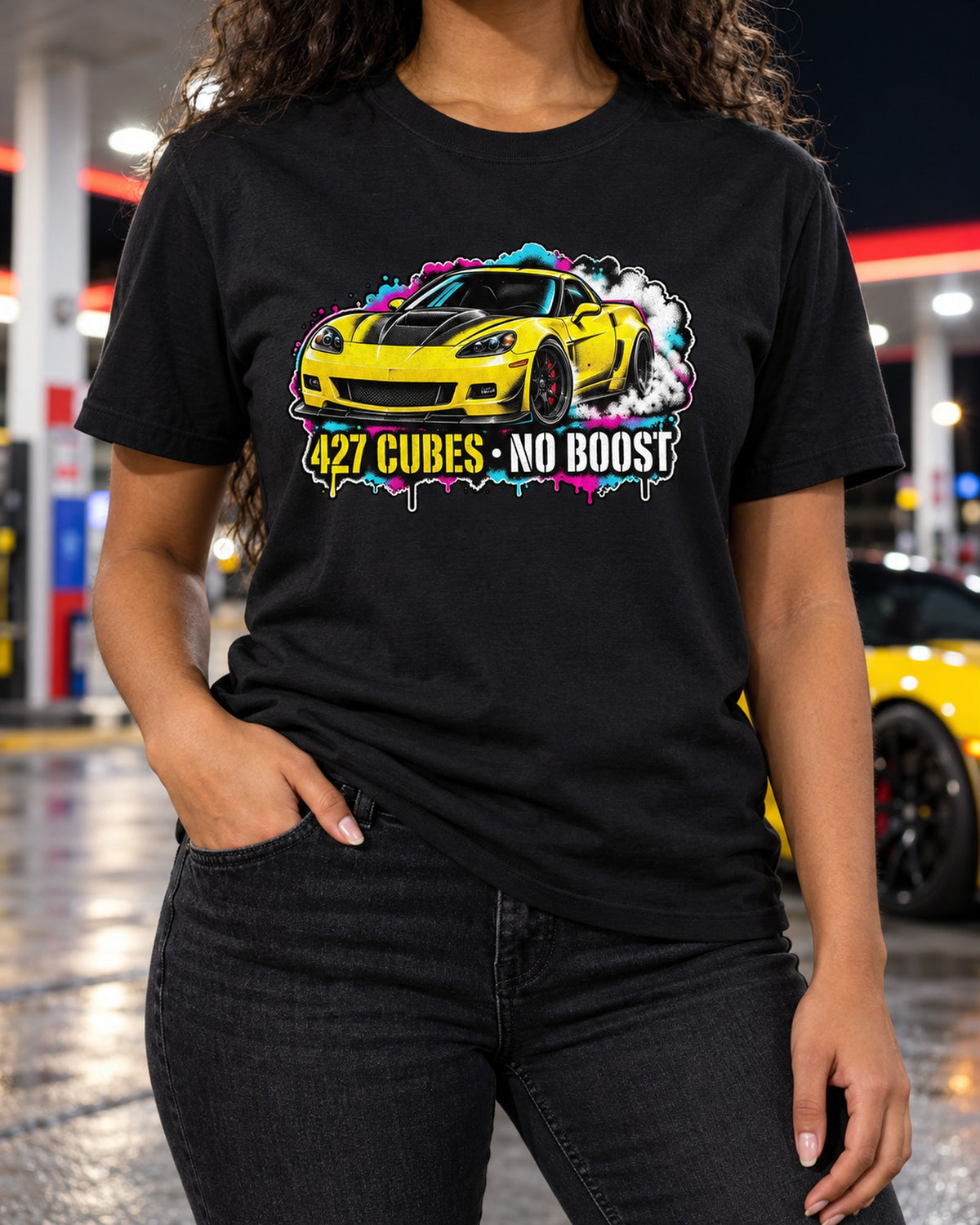 Corvette C6 Z06 Stencil Street Art Shirt, 427 No Boost T-Shirt Black worn hero