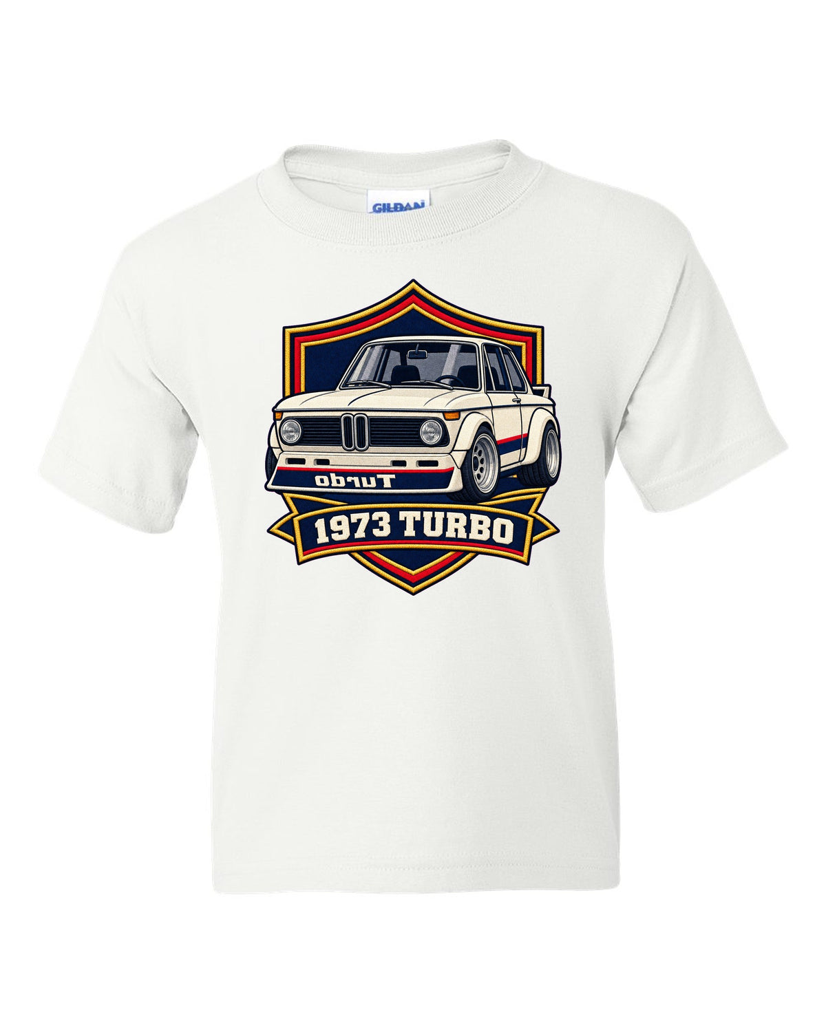 BMW 2002 turbo varsity crest print with mirrored turbo lettering and 1973 white kids tee front view with the design