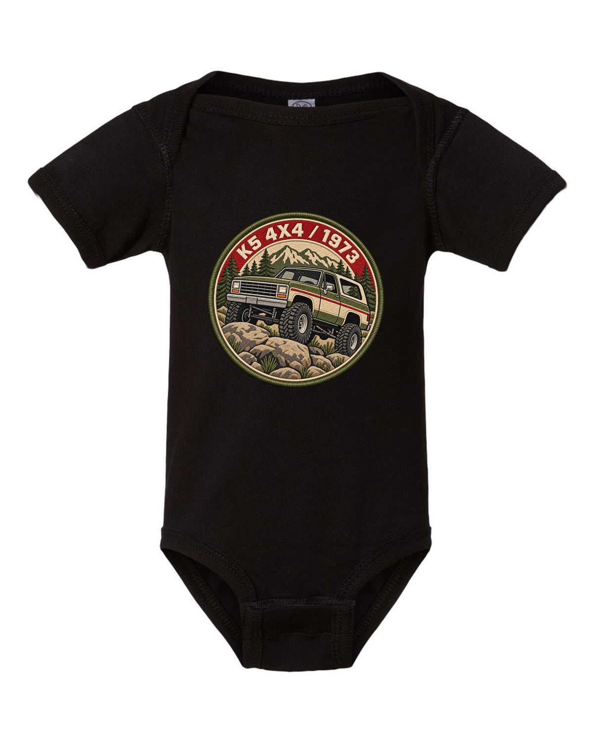 Embroidery-style varsity crest print of a 1973-91 Chevrolet K5 Blazer with K5 4x4 1973 lettering black baby onesie front view with the design