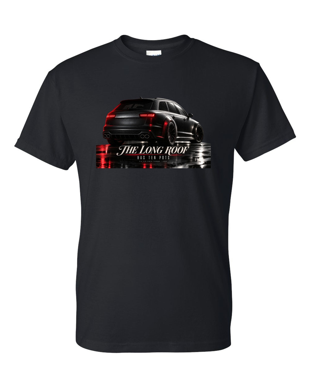 Audi RS6 Avant C6 4F V10 rear three-quarter in a garage with long roof text black t-shirt front view with the design