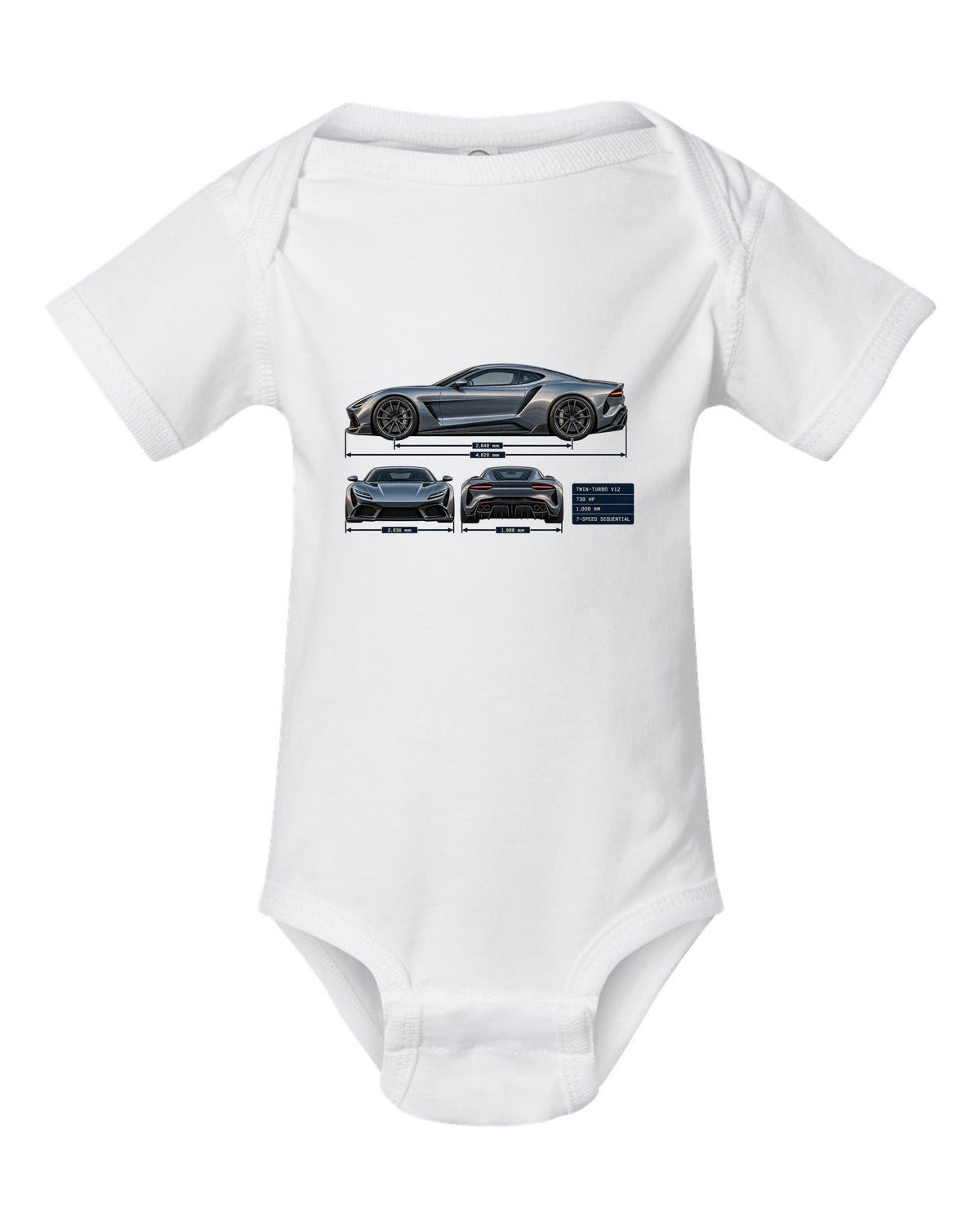 Three-view and spec table print of the Pagani Huayra coupe with 730 hp, 1,000 Nm, seven-speed sequential white baby onesie front view with the design