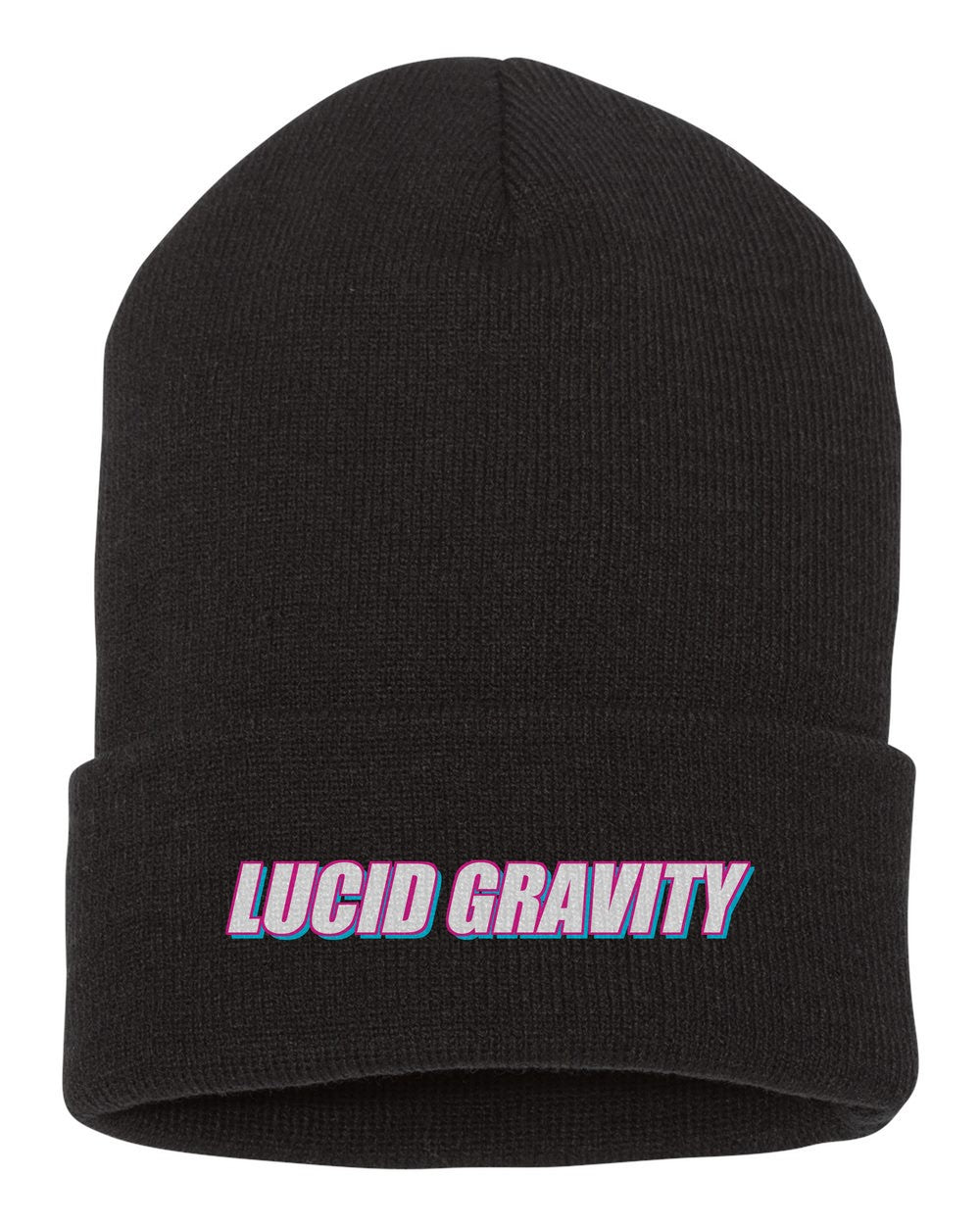 Lucid Gravity black beanie front view with car name
