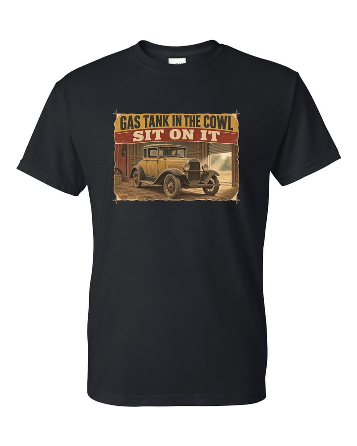 Vintage faded print of a 1928 Ford Model A coupe with gas tank in the cowl text and crop marks black t-shirt front view with the design
