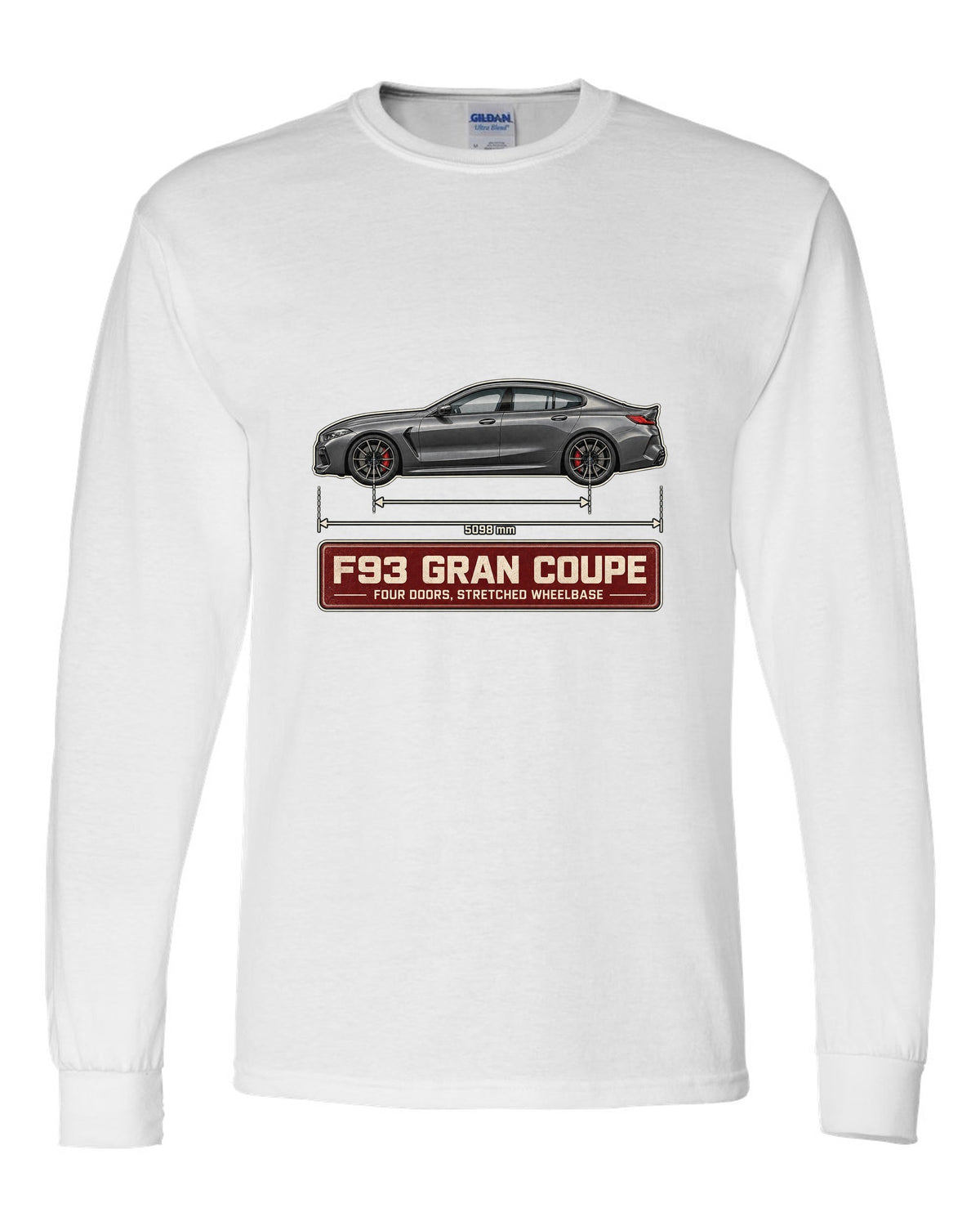 BMW M8 Competition Gran Coupe F93 blueprint print on a tee white long sleeve front view with the design