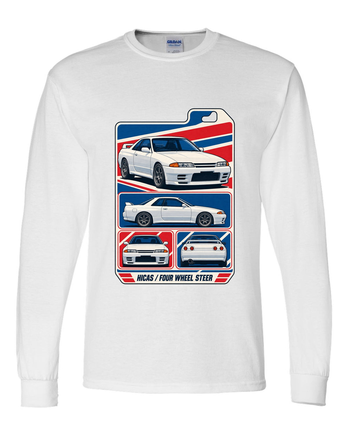 Varsity shield crest print for the Nissan Skyline GT-R R34 reading Allegedly 280 PS, Sure white long sleeve front view with the design