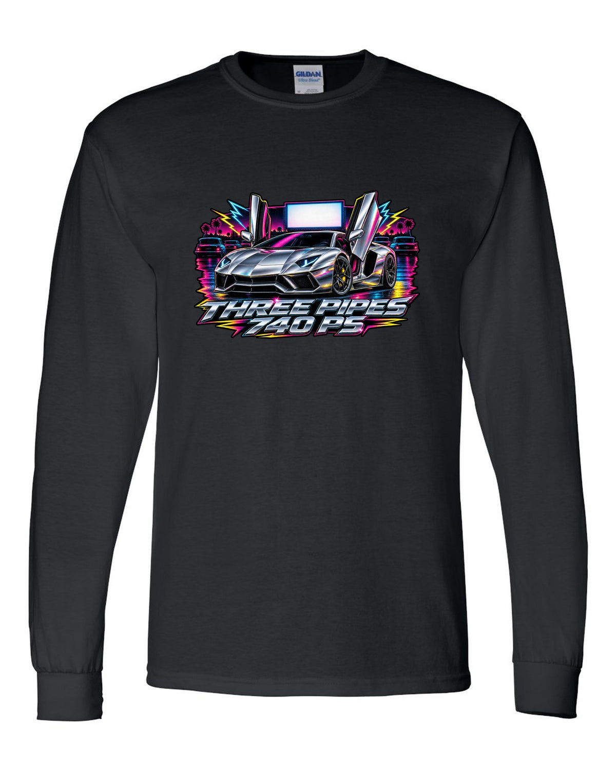 80s airbrush chrome Lamborghini Aventador S LP740-4 with the text THREE PIPES / 740 PS black long sleeve front view with the design