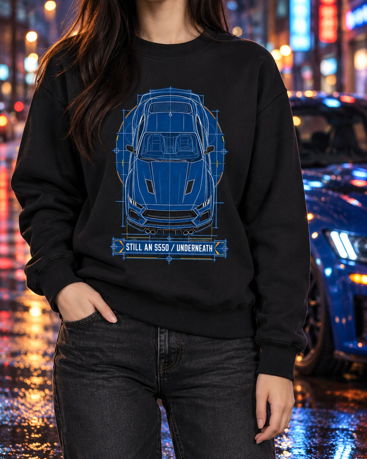S650 Mustang Cyanotype Blueprint Shirt, Still An S550 Underneath Crewneck Black worn hero
