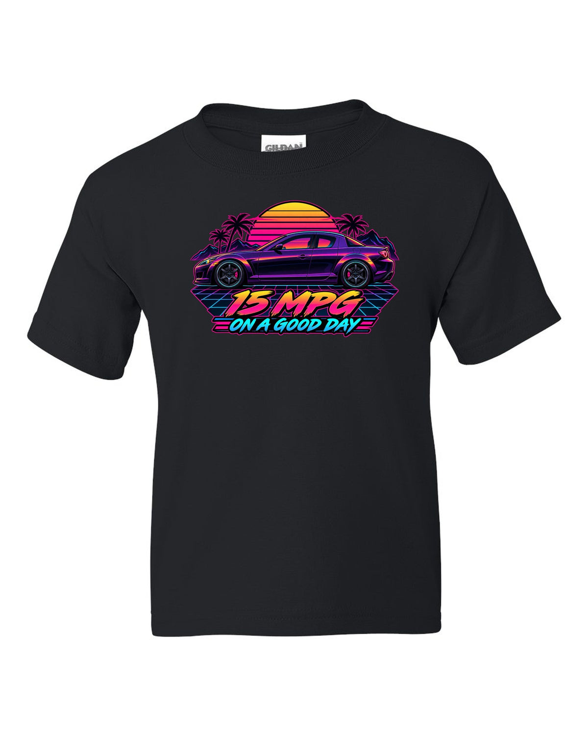 Sticker-bomb collage design for the Mazda RX-8 SE3P with CHECK OIL EVERY FILL-UP lettering black kids tee front view with the design