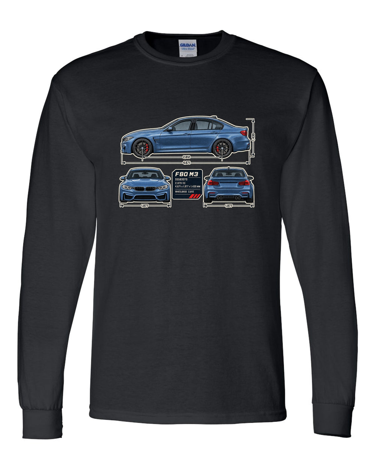 BMW M3 F80 dimension blueprint print with measurements black long sleeve front view with the design