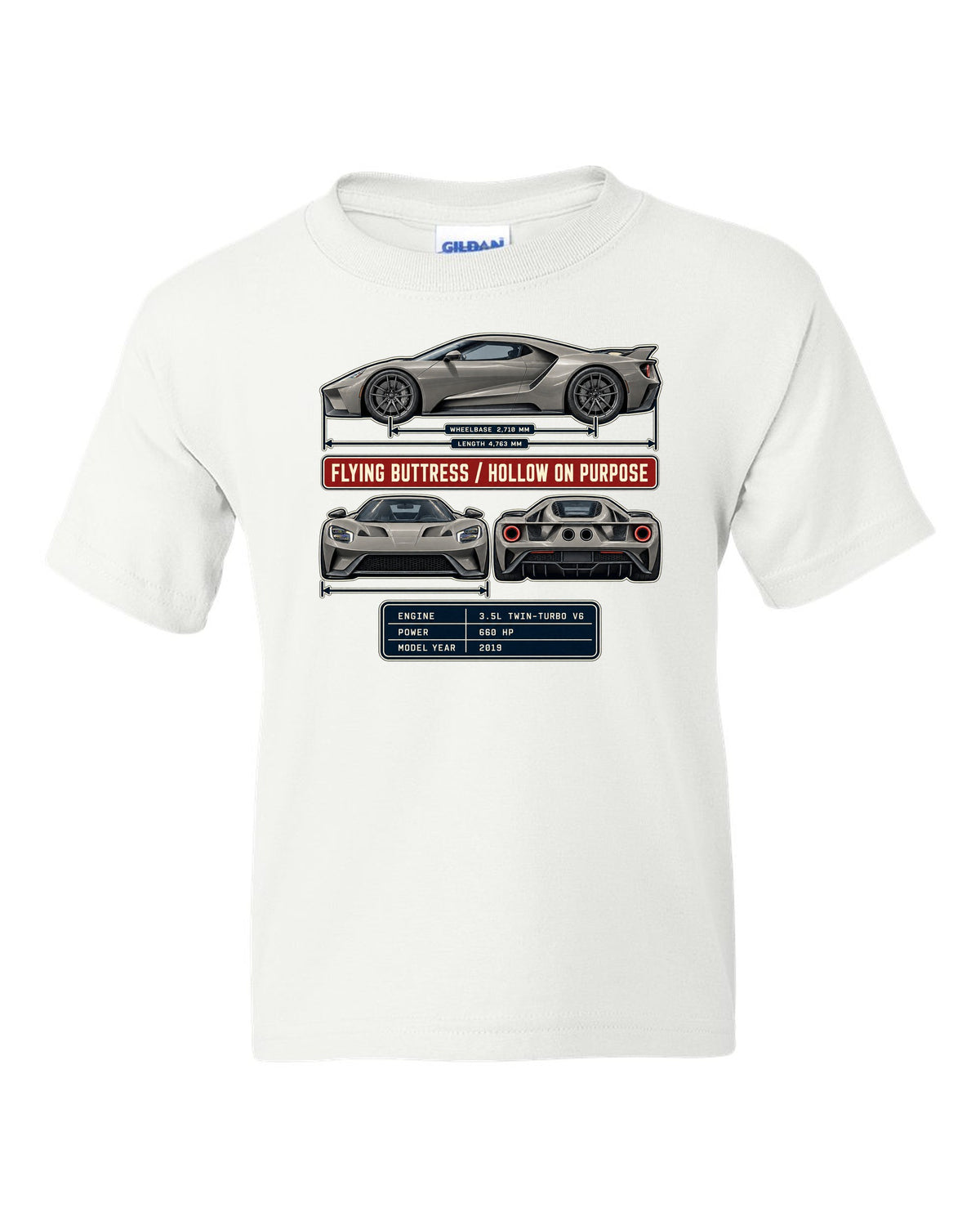print of a 2019 Ford GT three-view drawing with spec table and flying buttress text white kids tee front view with the design