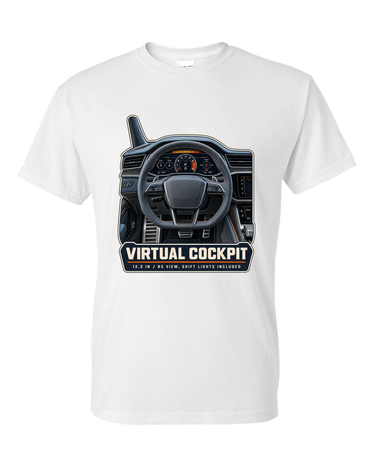 Audi RS7 Sportback C8 virtual cockpit gauge cluster print design white t-shirt front view with the design