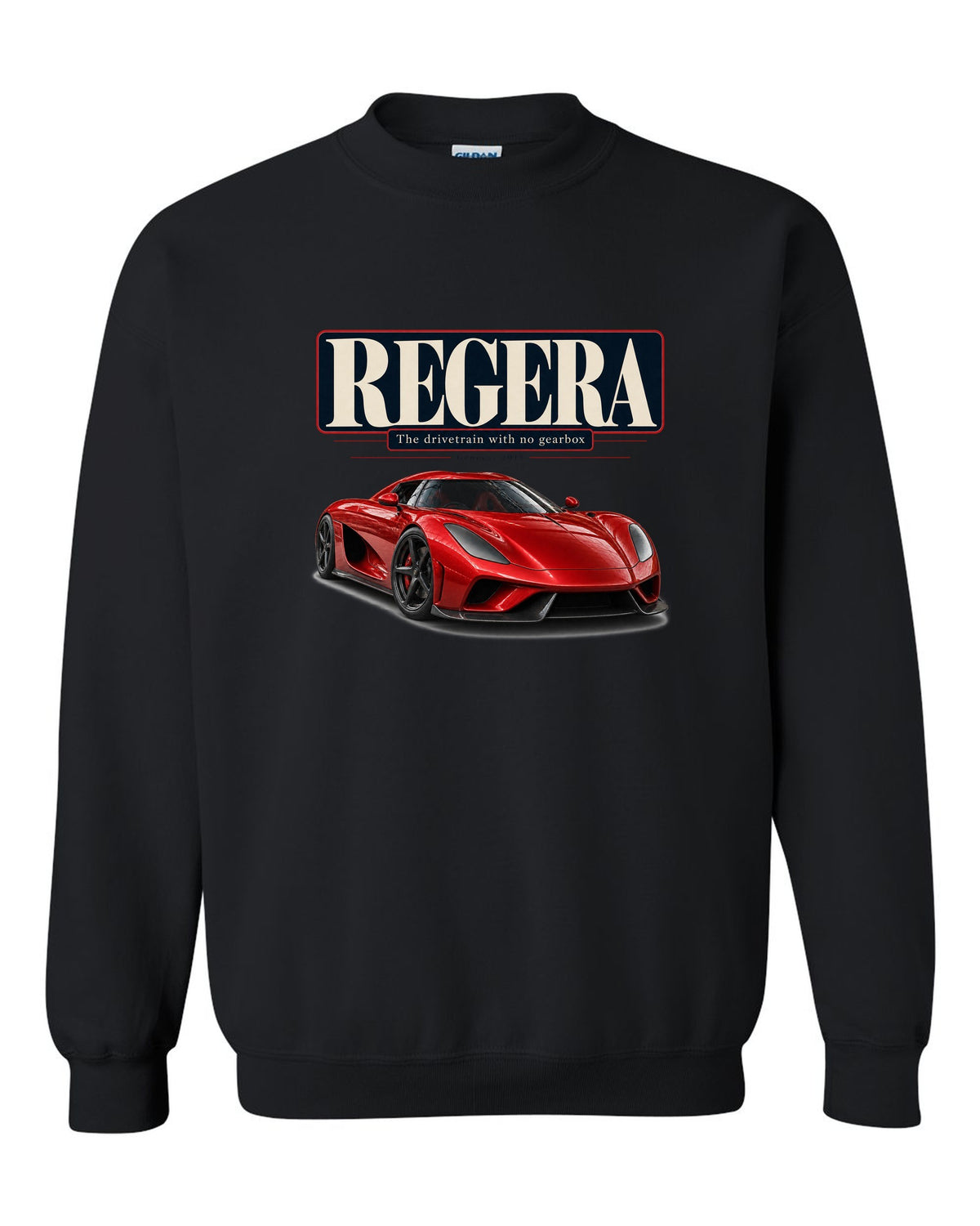 Editorial headline poster of the Koenigsegg Regera about its drivetrain, print black crewneck front view with the design