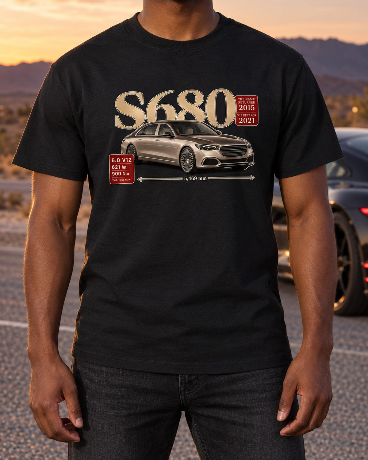 Mercedes-Maybach S680 Z223 Archive Panel Shirt, Serif Title T-Shirt Black worn hero