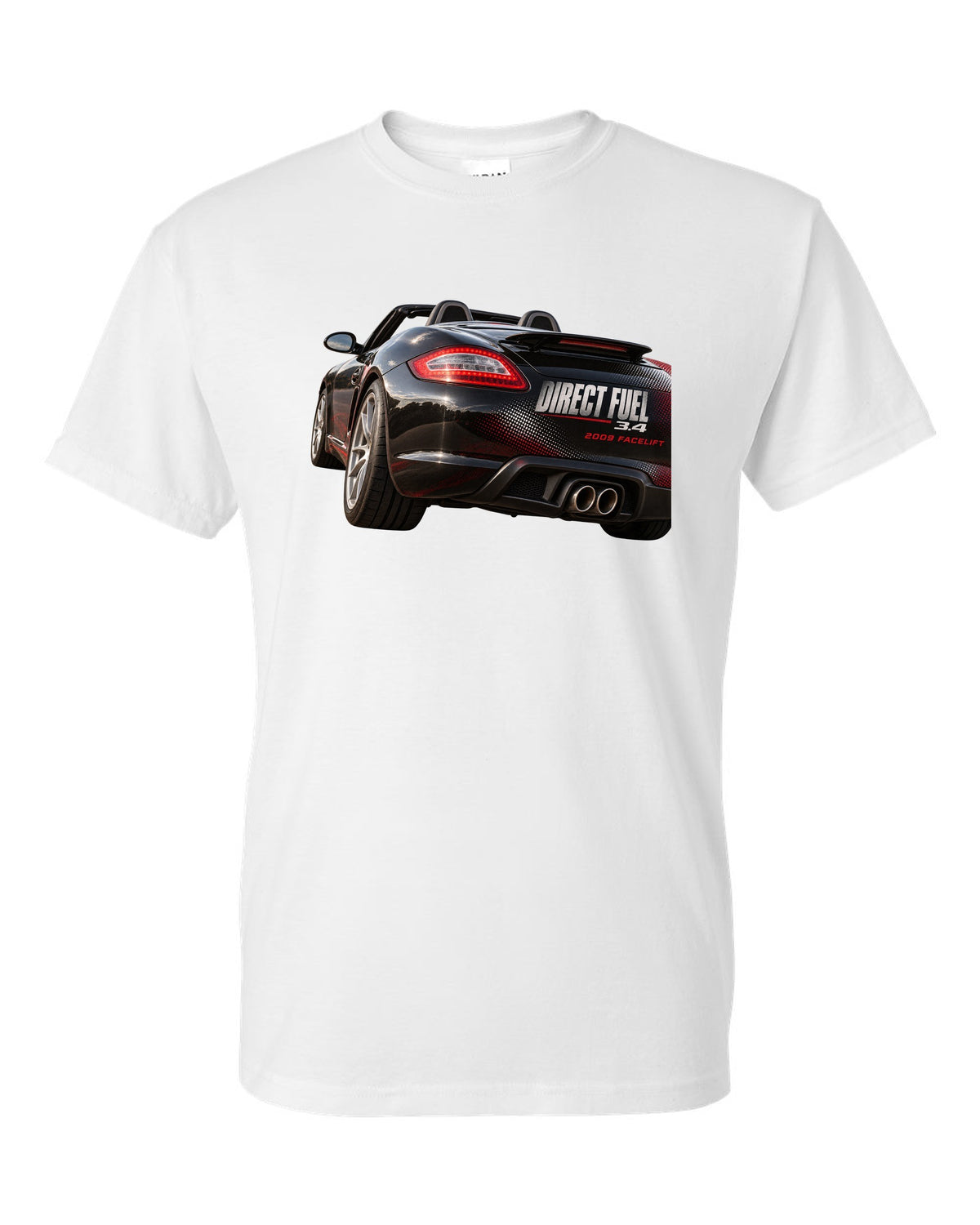 Taillight macro print of a Porsche Boxster 987.2 facelift white t-shirt front view with the design