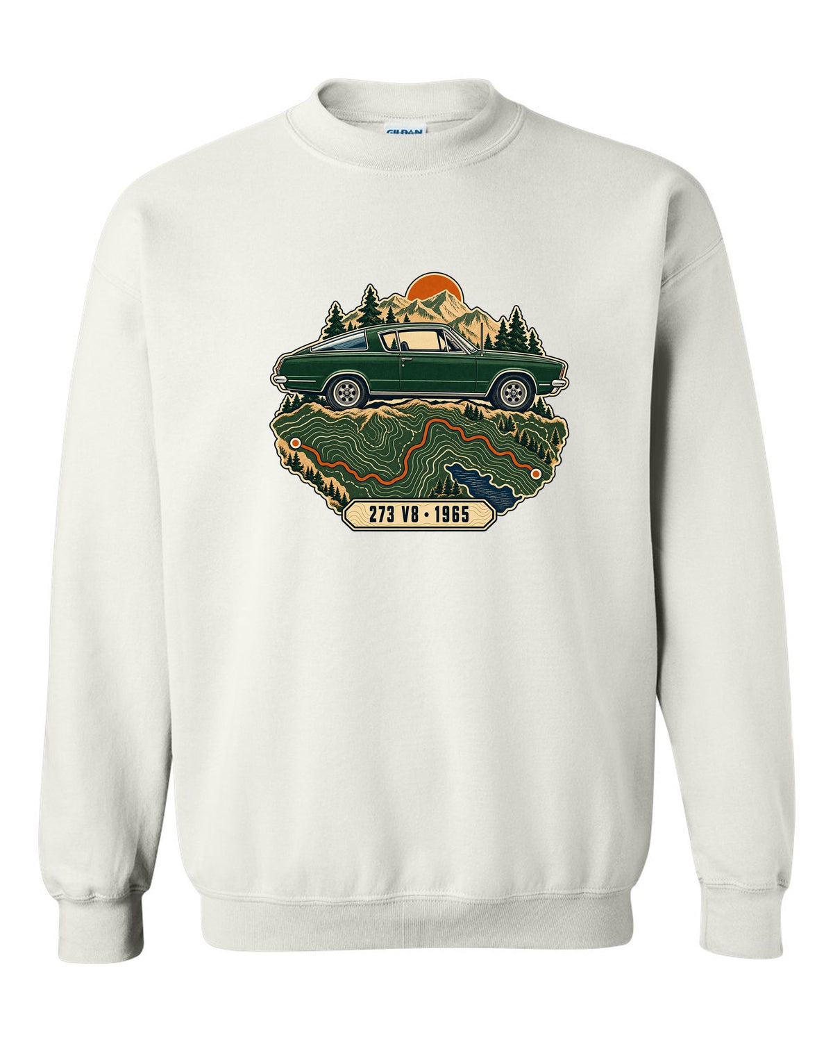 Topographic route map design with a 1965 Plymouth Barracuda fastback and 273 V8 lettering white crewneck front view with the design