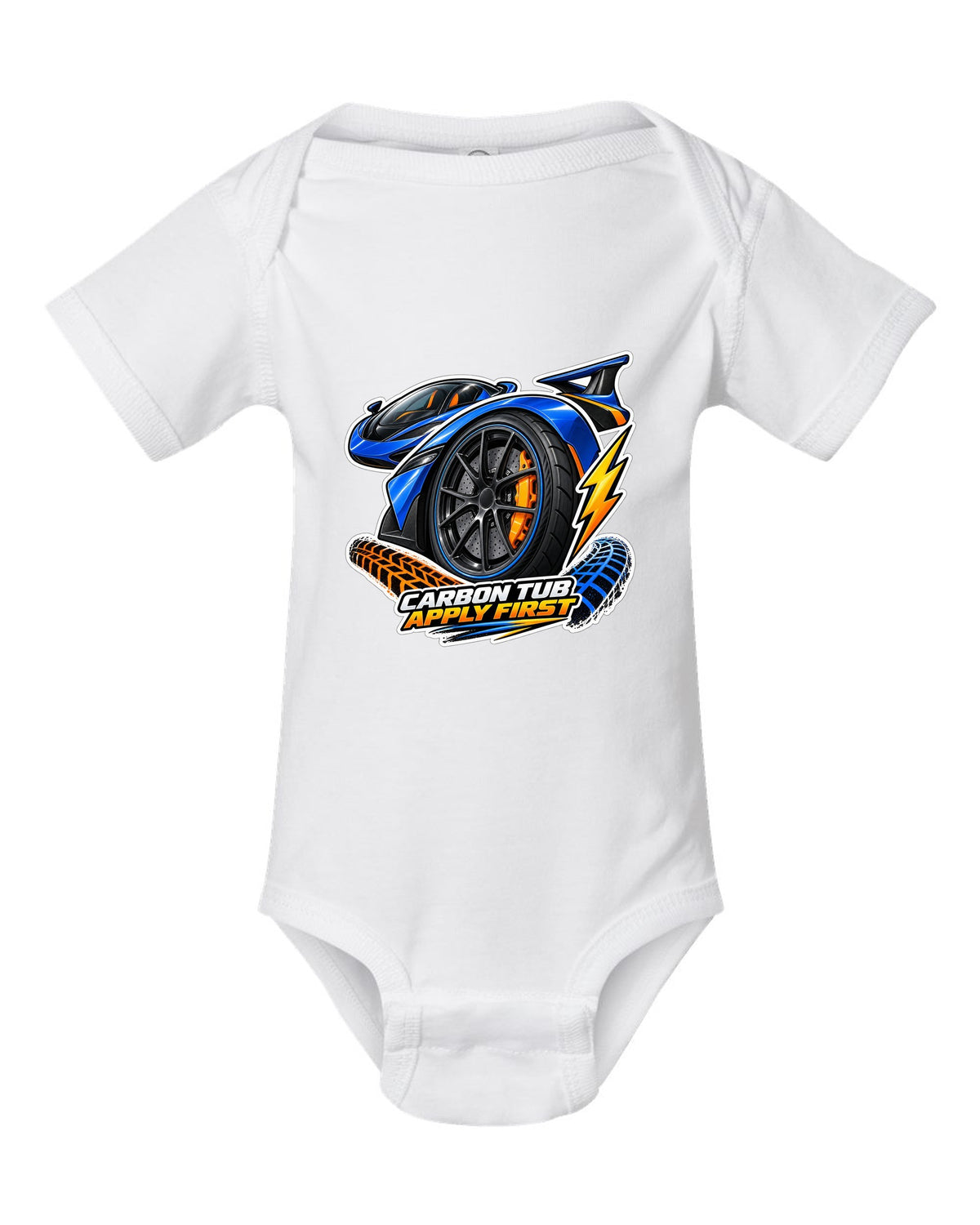 Sticker-bomb collage print for the 2017-2022 Ford GT with carbon tub text white baby onesie front view with the design