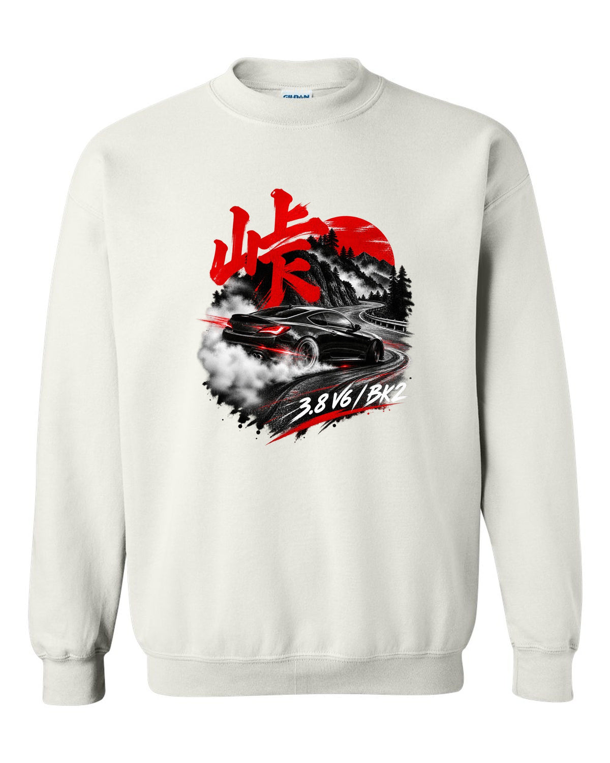 Hyundai Genesis Coupe BK2 on a mountain pass at night with kanji touge text white crewneck front view with the design