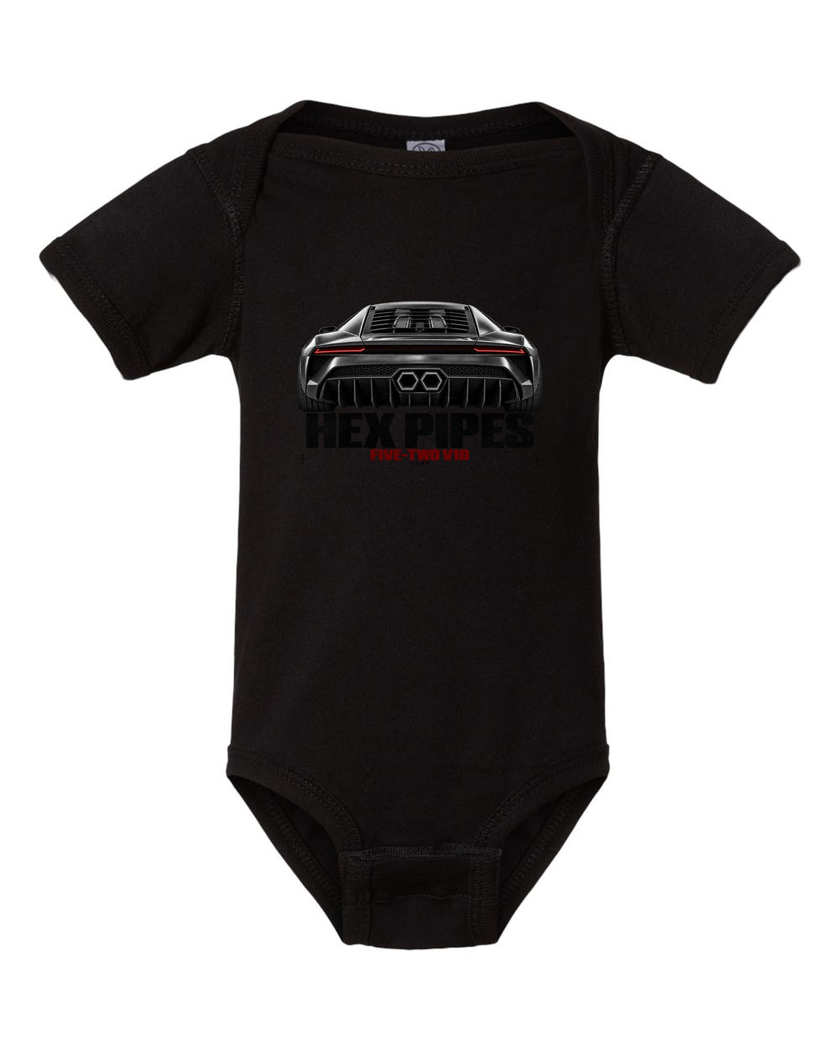 Exhaust macro print of a Lamborghini Gallardo LP560-4 with Hex Pipes and Five-Two V10 text black baby onesie front view with the design
