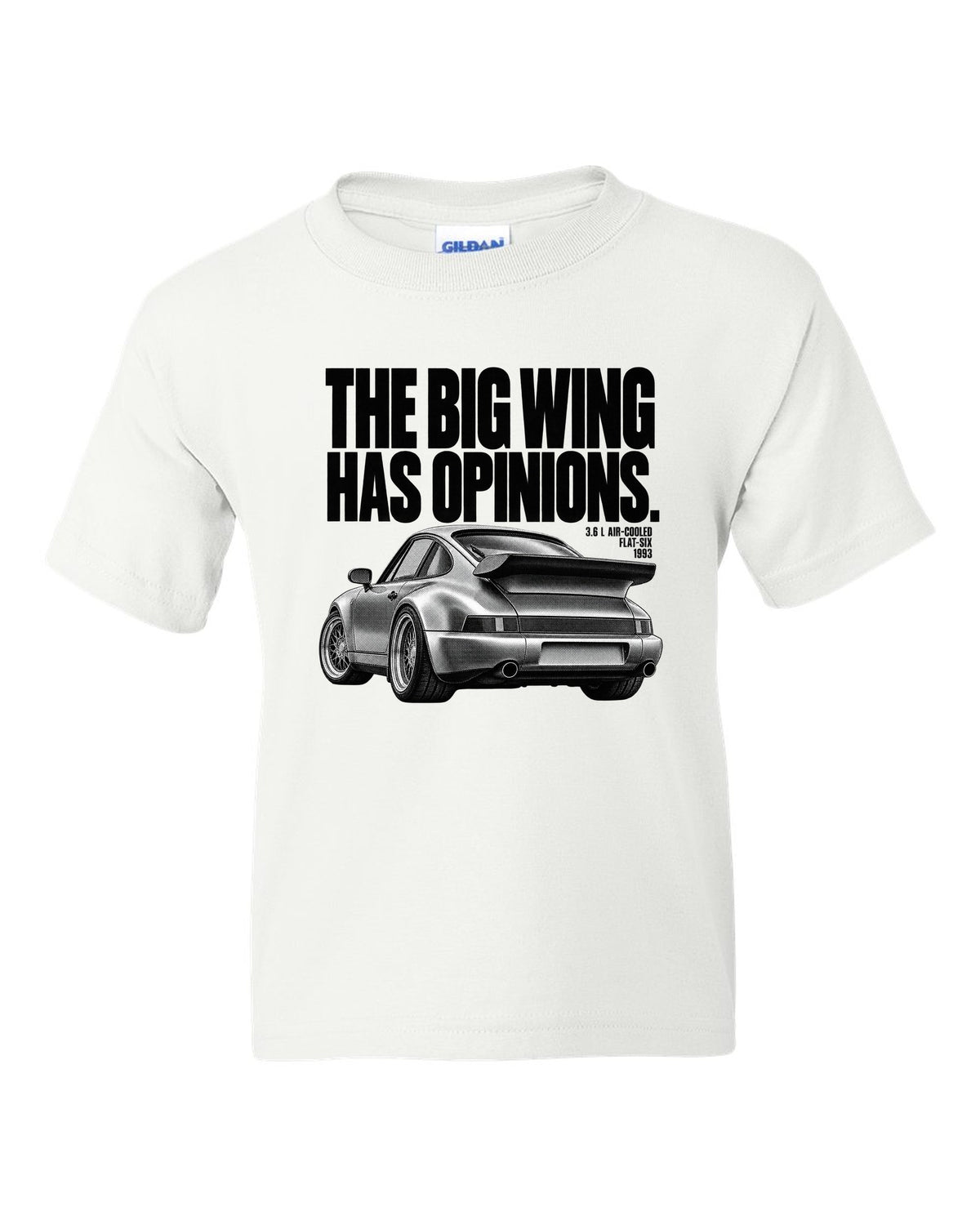 Halftone print of a Porsche 911 Turbo 3.6 964 with whale tail wing white kids tee front view with the design
