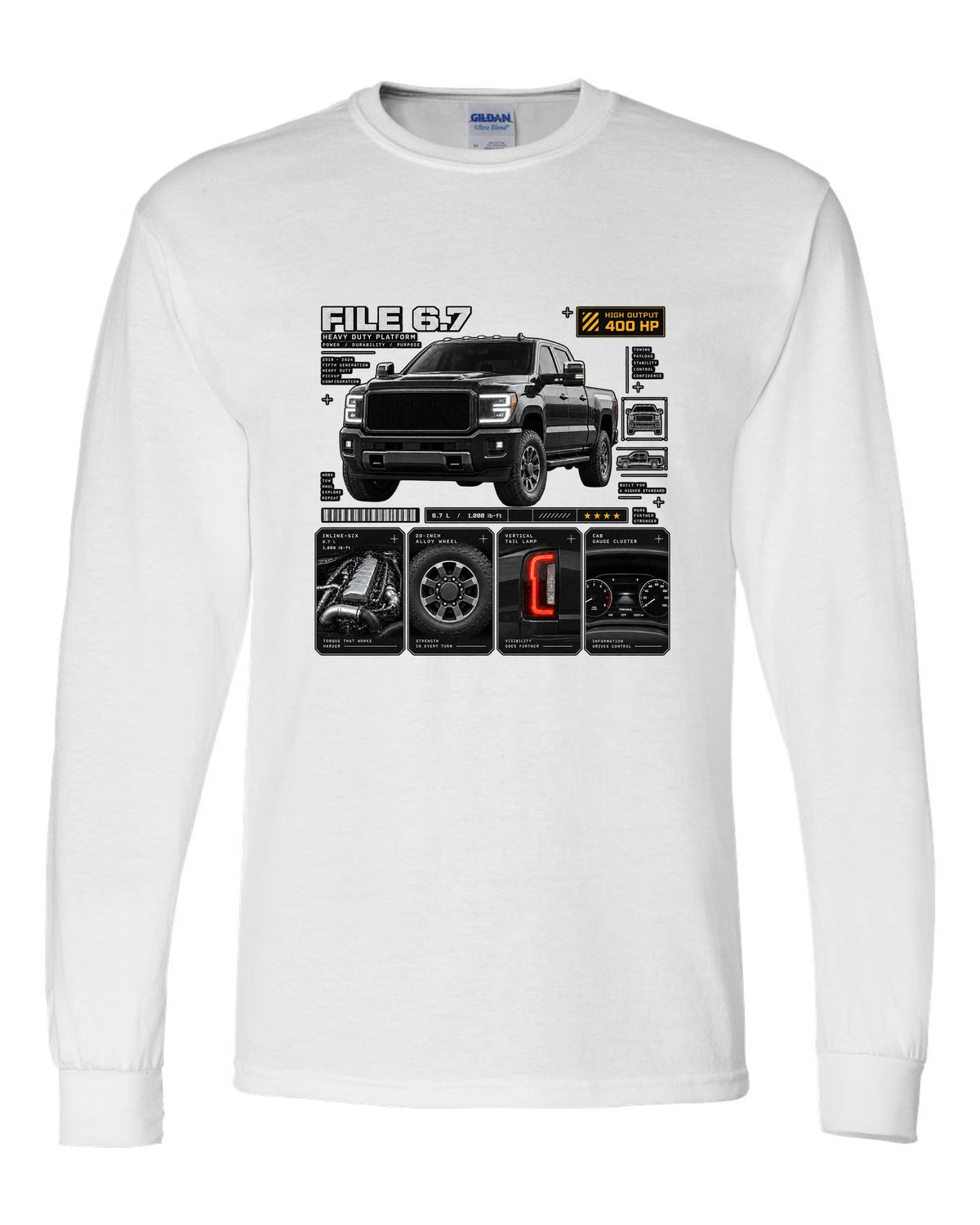 Dossier print of a 2019-24 Ram HD 2500 5th gen in a three-quarter front view white long sleeve front view with the design