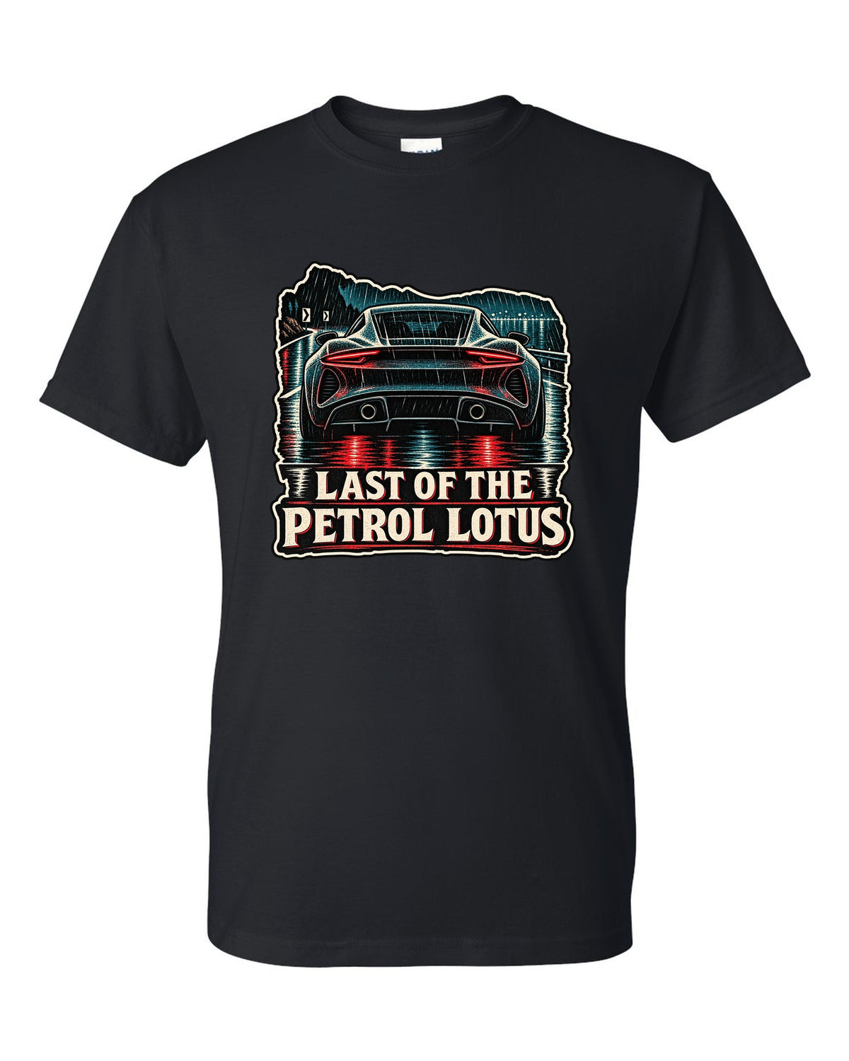 Lotus Emira in linocut woodcut style with LAST OF THE PETROL LOTUS lettering black t-shirt front view with the design