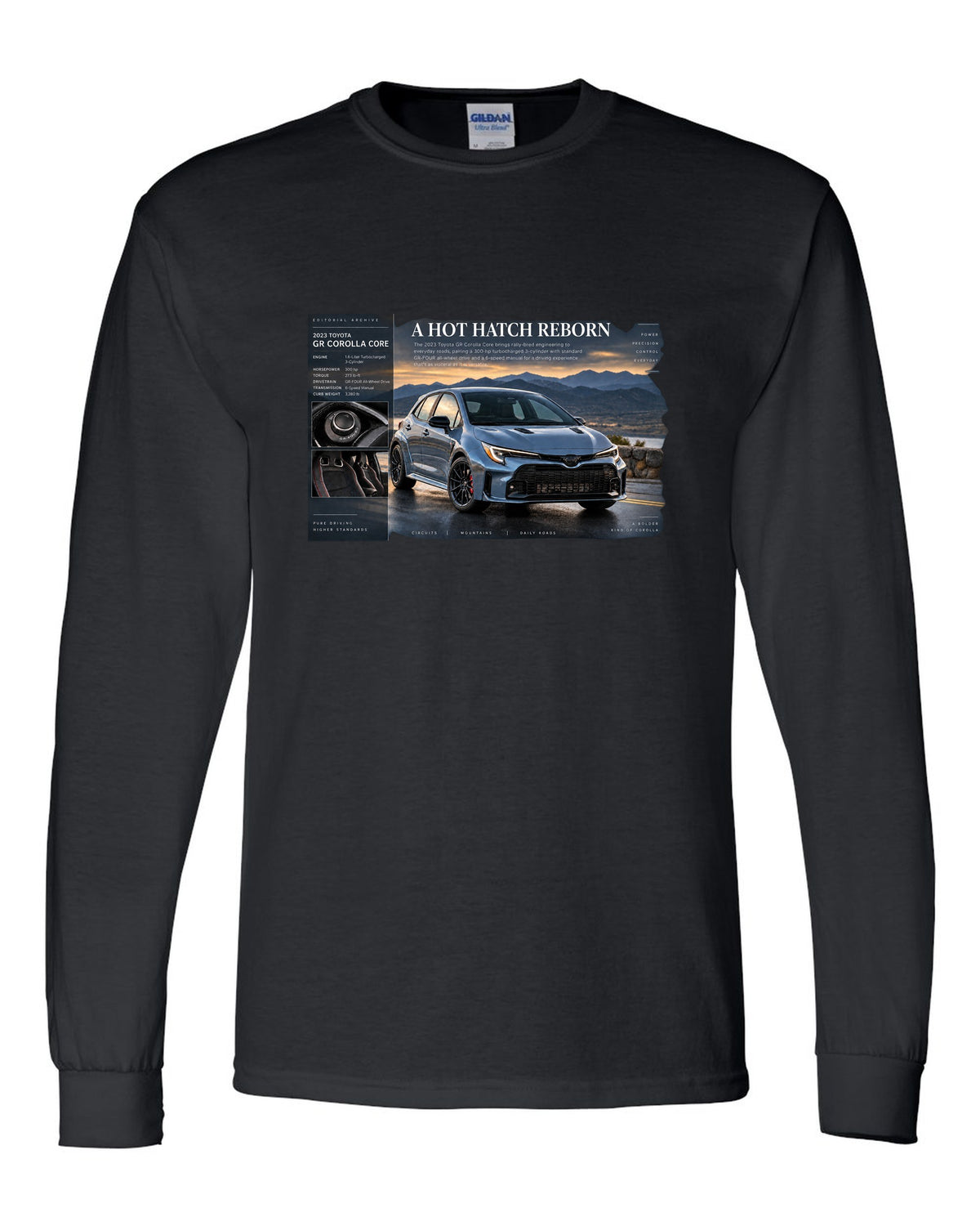 Toyota GR Corolla Core 2023 front three-quarter archive panel black long sleeve front view with the design