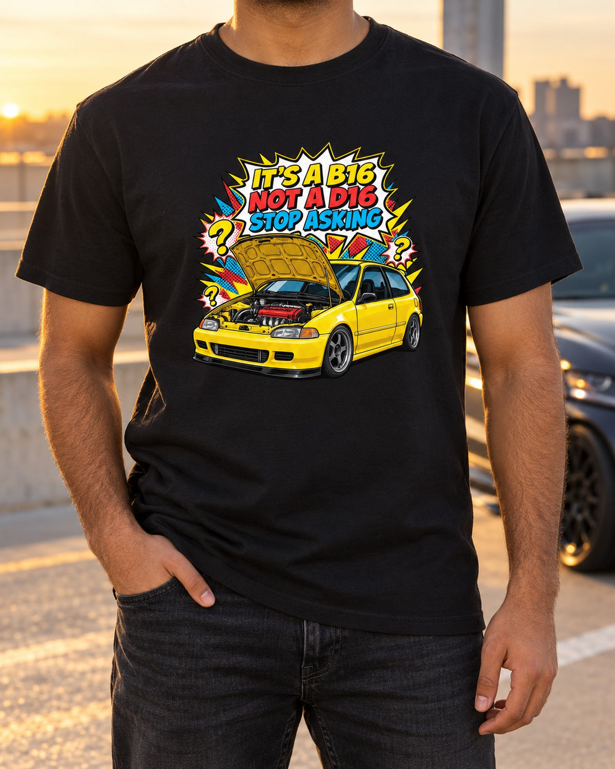 Honda Civic EG6 B16 Comic Action Shirt, My Other Car, Not a D16 T-Shirt Black worn hero
