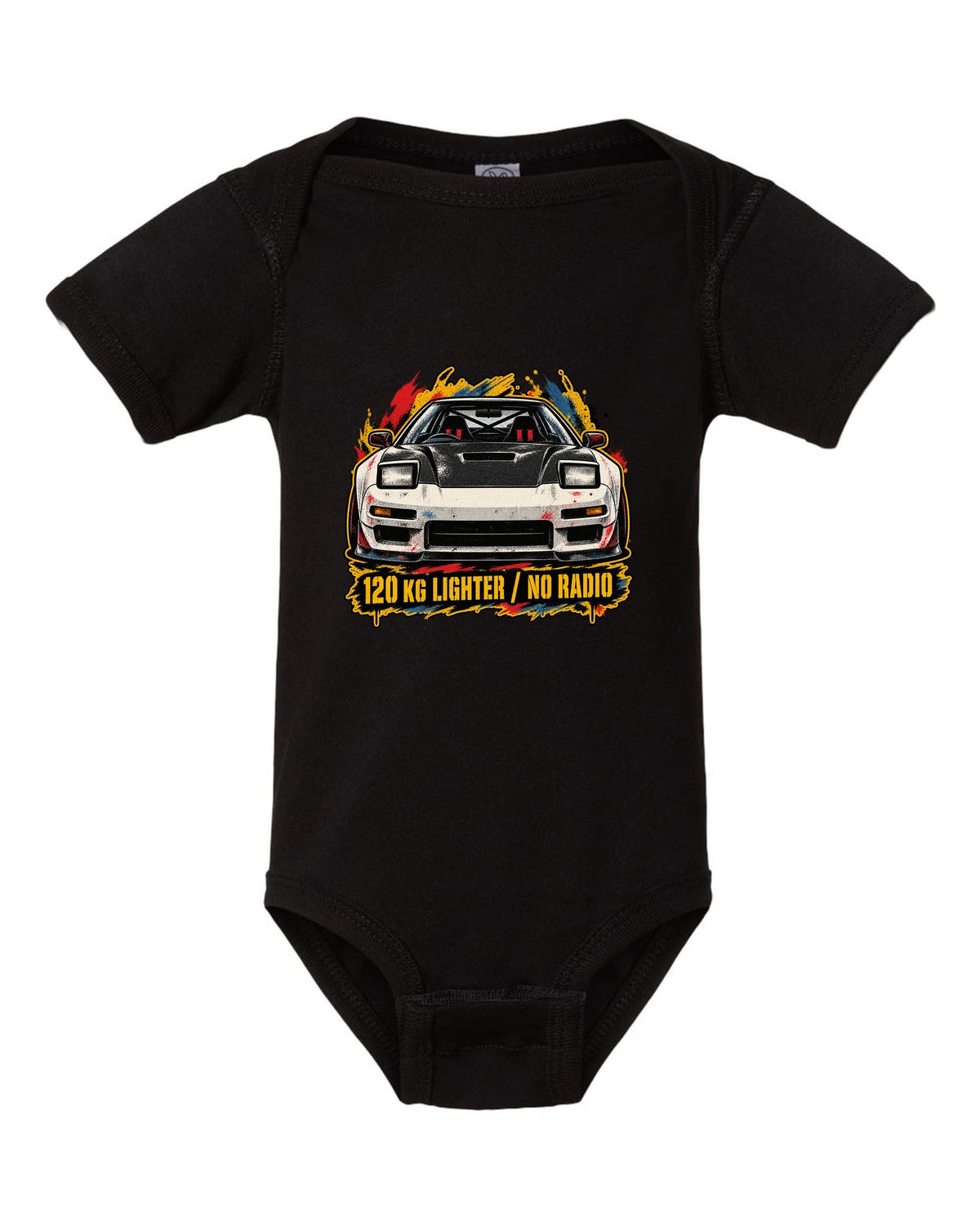Grunge screen-print stencil print of a Honda NSX-R NA1 with 120 KG lighter no radio text black baby onesie front view with the design