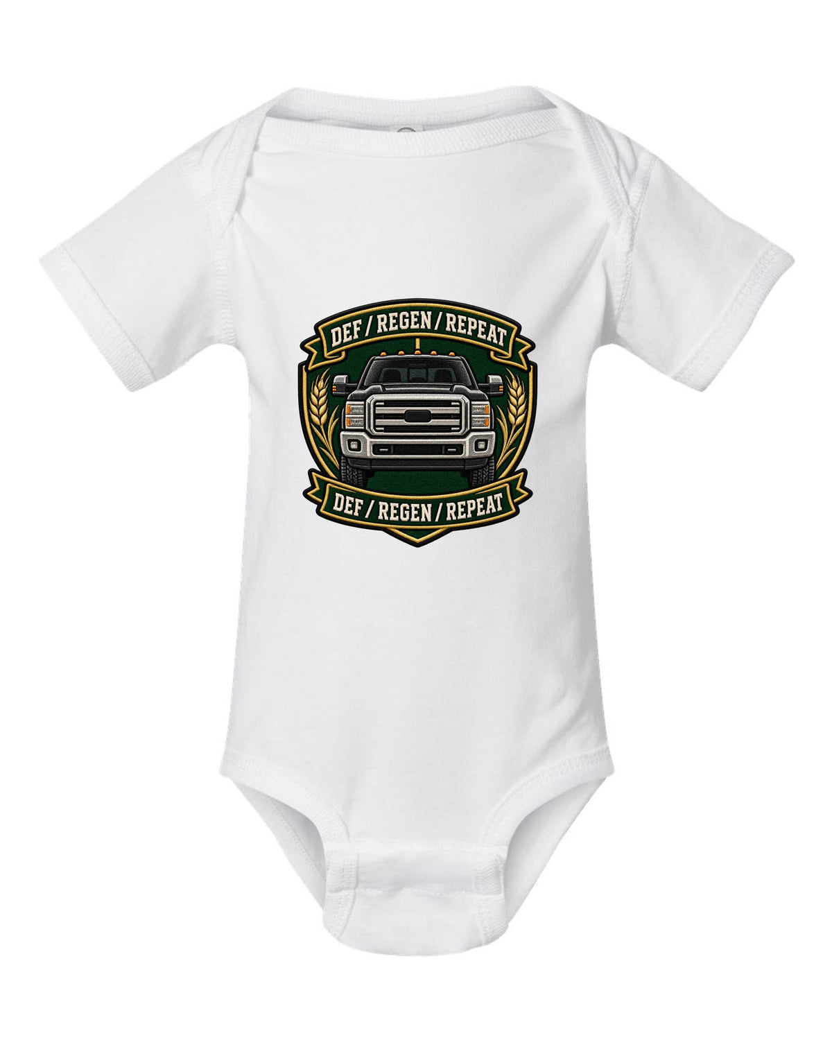 Shield crest print for the 2010-2018 Ram 2500 6.7 Cummins reading DEF regen repeat white baby onesie front view with the design