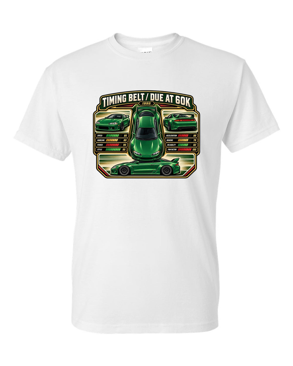 Top-down vector trading card print of a widebody Mitsubishi Eclipse GSX 2G with timing belt due at 60K text white t-shirt front view with the design