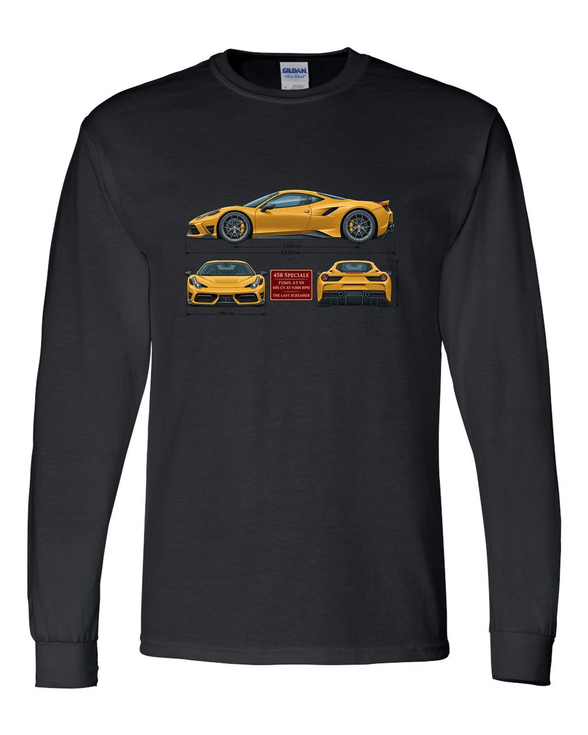 Three-view spec table print of the Ferrari 458 Speciale in ochre black long sleeve front view with the design