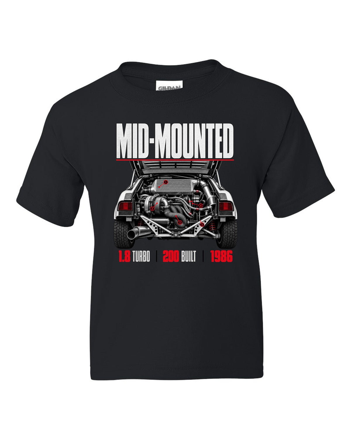 Ford RS200 Group B engine close-up print with mid-mounted turbo text black kids tee front view with the design