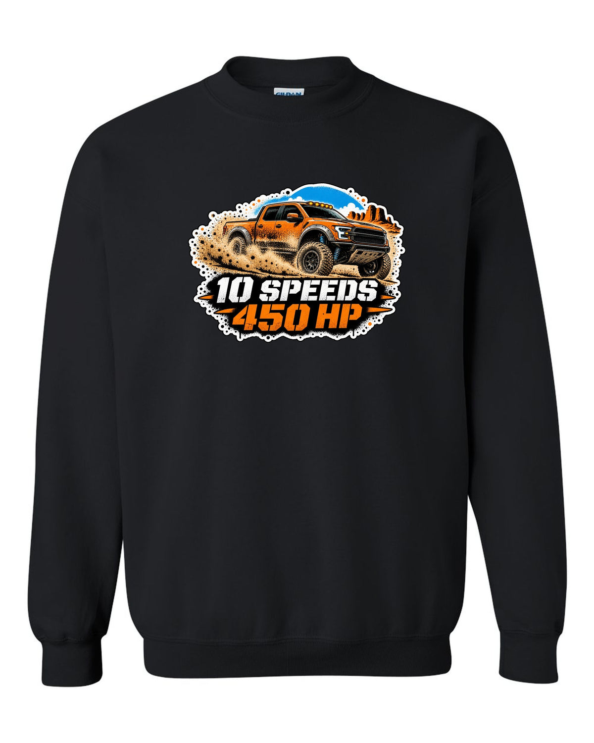 Spray stencil street art print of a 2017-20 Ford F-150 Raptor Gen 2 P552 in desert dust black crewneck front view with the design
