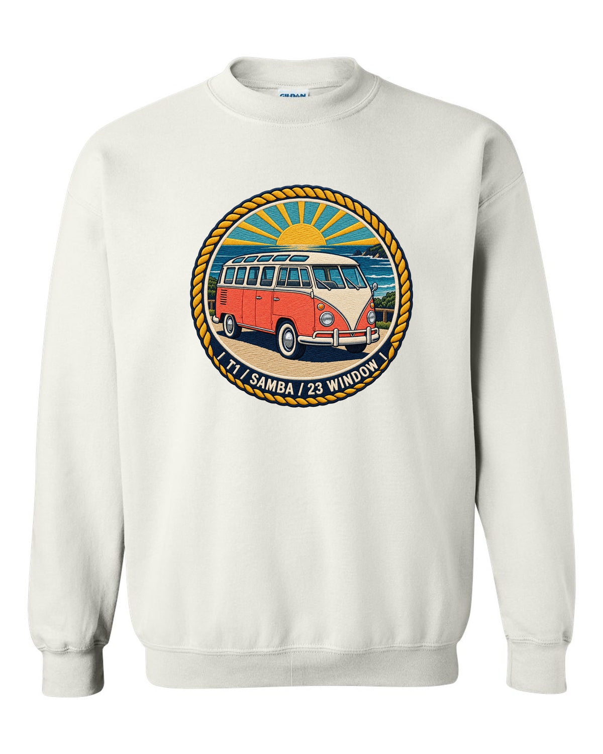 Round crest for the VW Bus T1 Samba 23 window white crewneck front view with the design