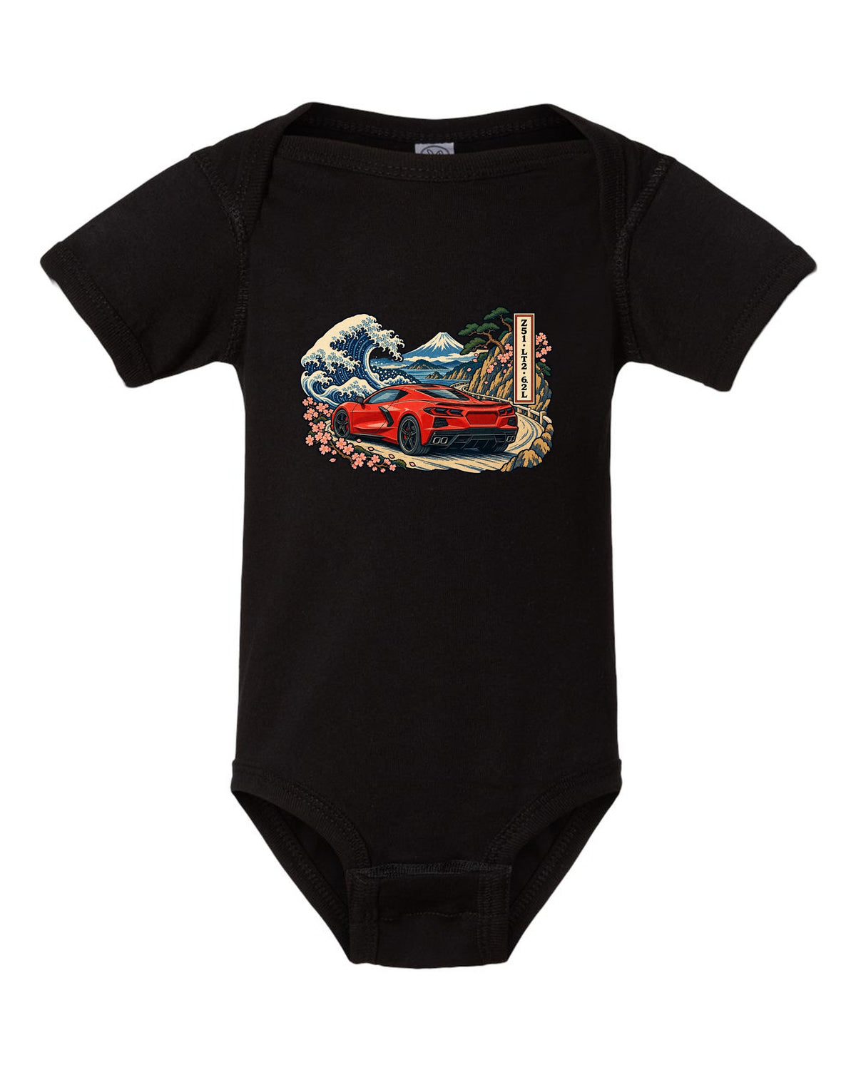 Ukiyo-e woodblock style print of a 2020 C8 Corvette Stingray on a mountain pass black baby onesie front view with the design