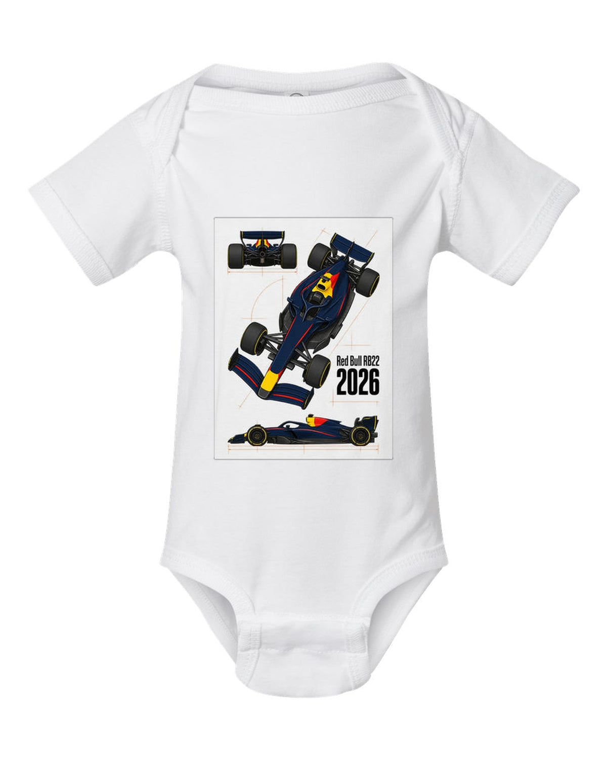 Red Bull RB22 2026 F1 car technical poster artwork white baby onesie front view with the design