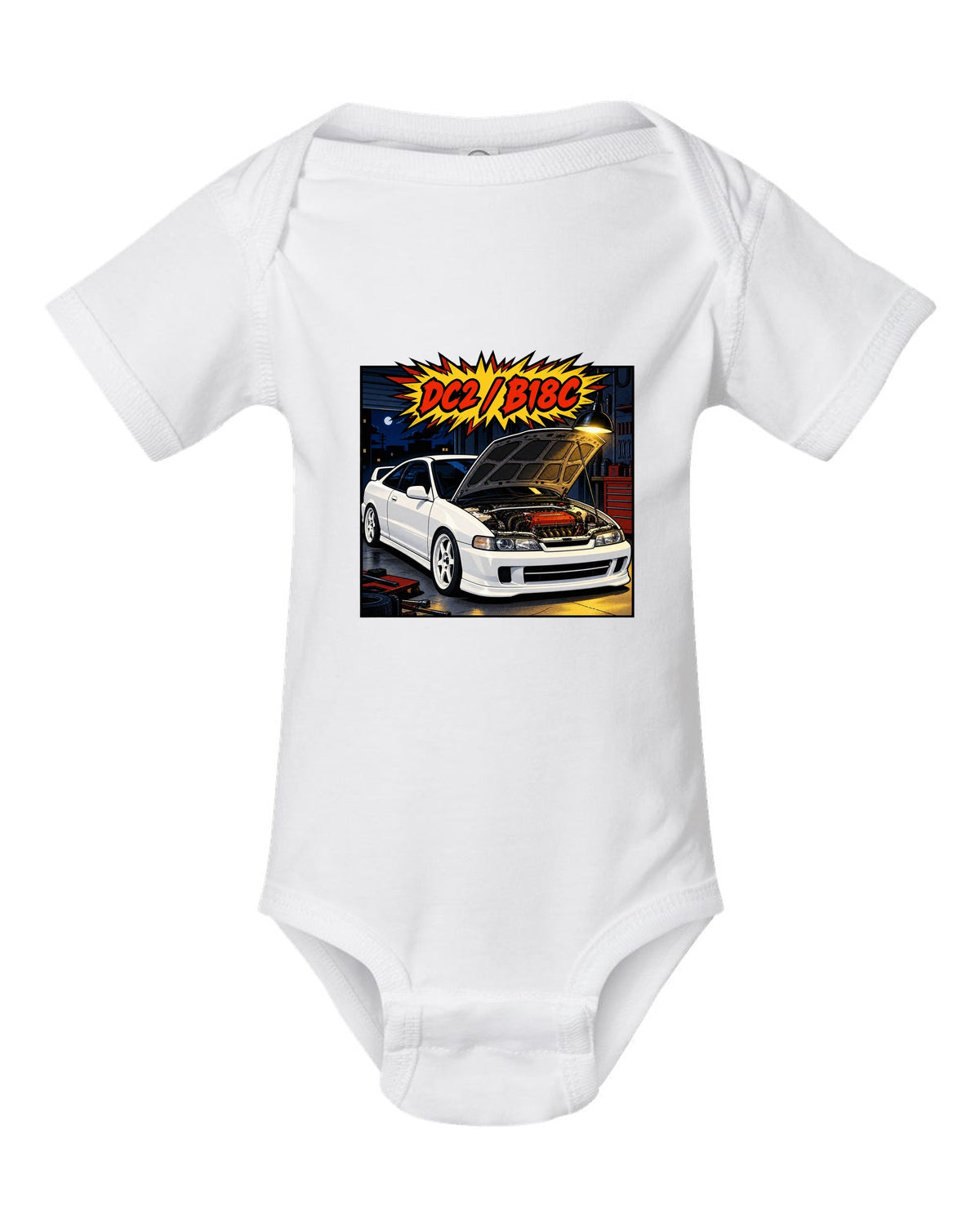 Comic book panel action burst print of a Honda Integra Type R DC2 with bonnet up and B18C text white baby onesie front view with the design