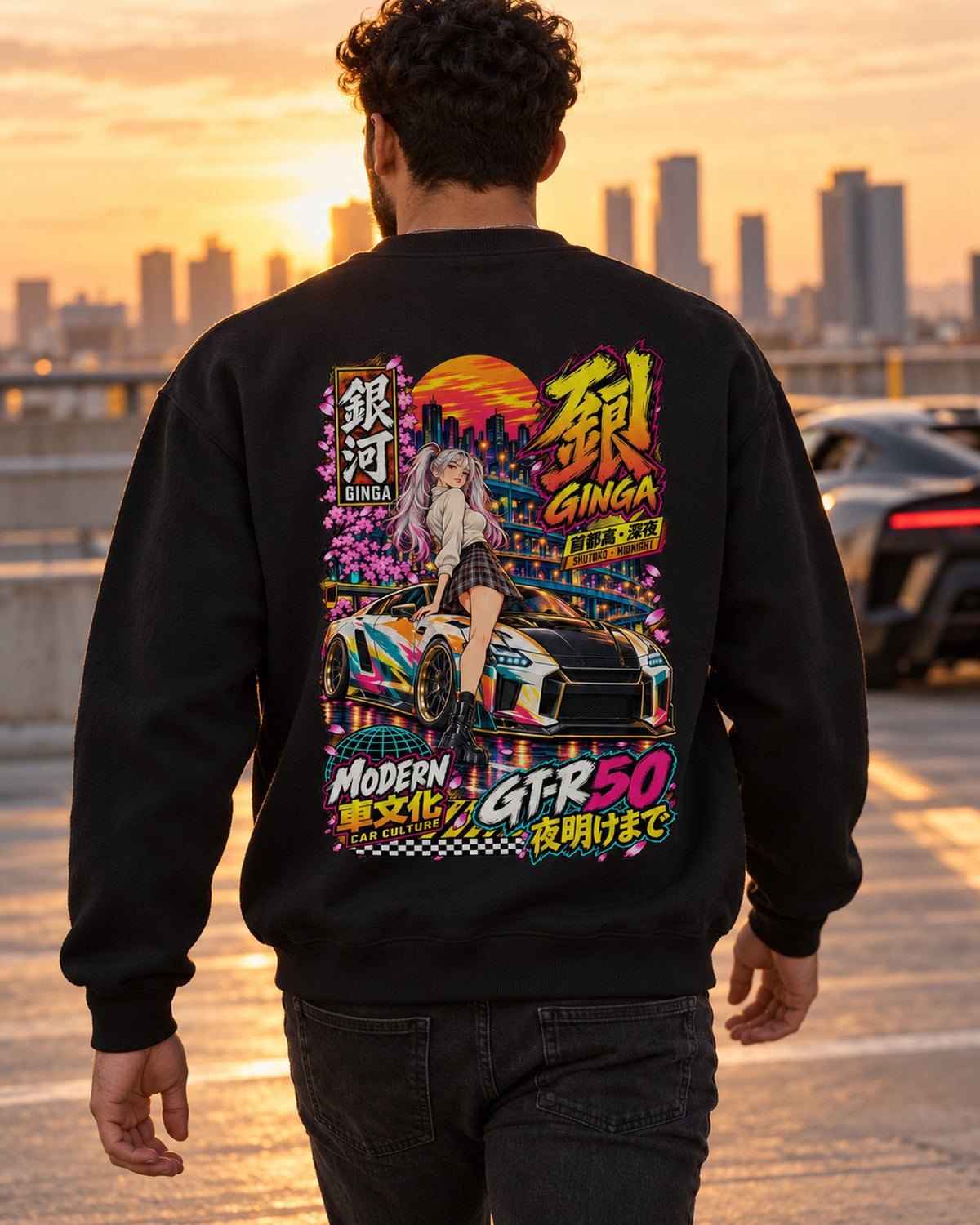 GINGA GT-R50 Anime Girl Full-Back Graphic Tee Crewneck Black worn hero