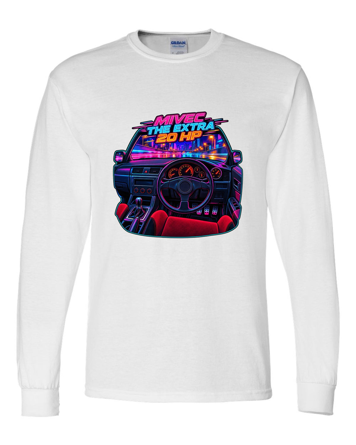 Neon cyberpunk gauge cluster cockpit of a Mitsubishi Lancer Evolution IX MR white long sleeve front view with the design