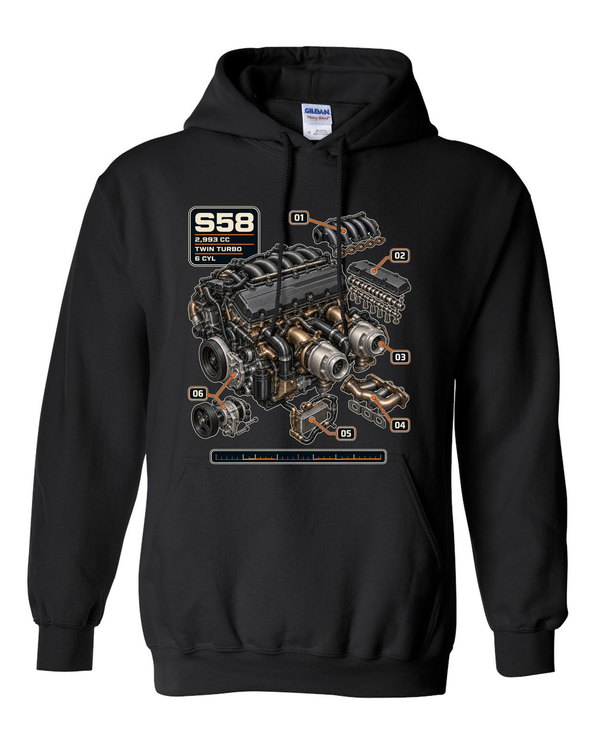 BMW S58 twin-turbo inline-six engine print with 2,993 cc text black pull over hoodie front view with the design