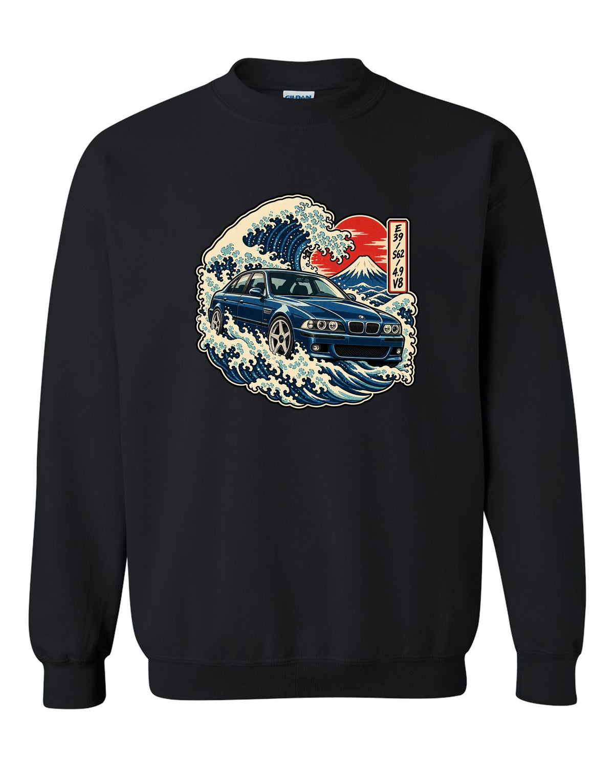 Comic halftone pop-art print of a BMW M5 E39 with one more bolt caption black crewneck front view with the design