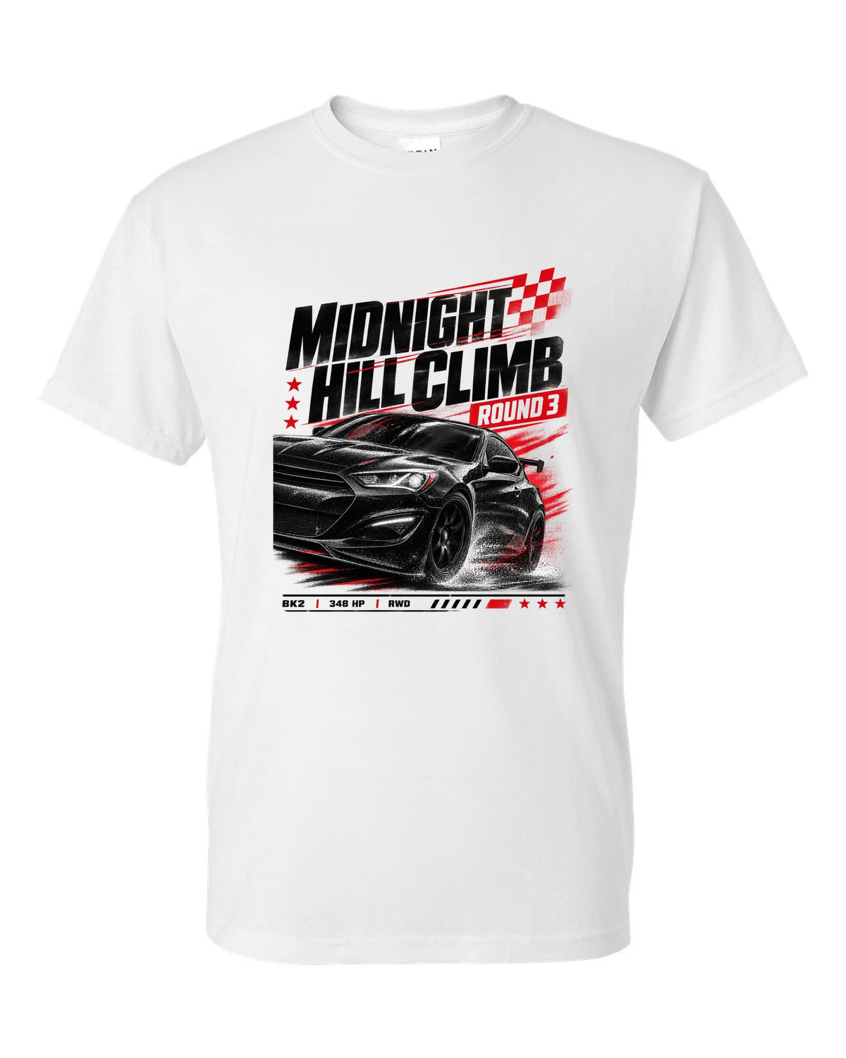Hyundai Genesis Coupe BK2 midnight hill climb race poster white t-shirt front view with the design