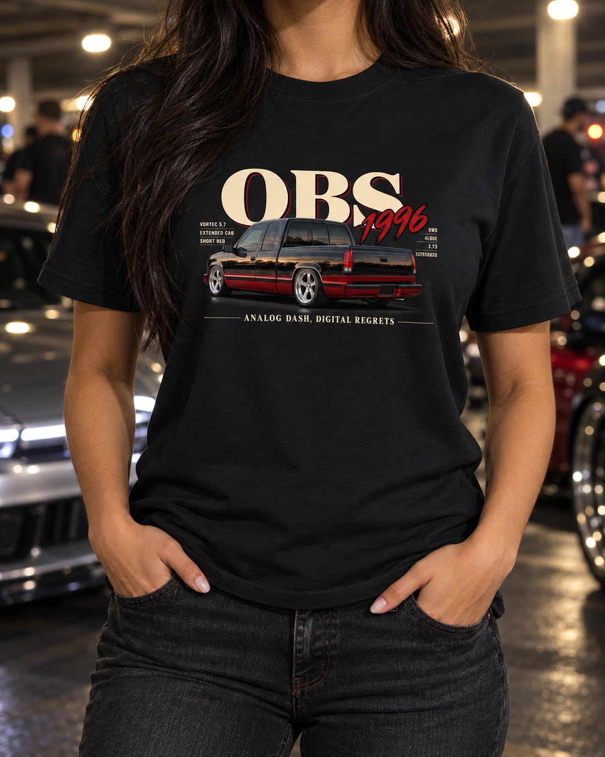 1996 OBS Chevy C1500 Extended Cab Editorial Headline Tee T-Shirt Black worn hero