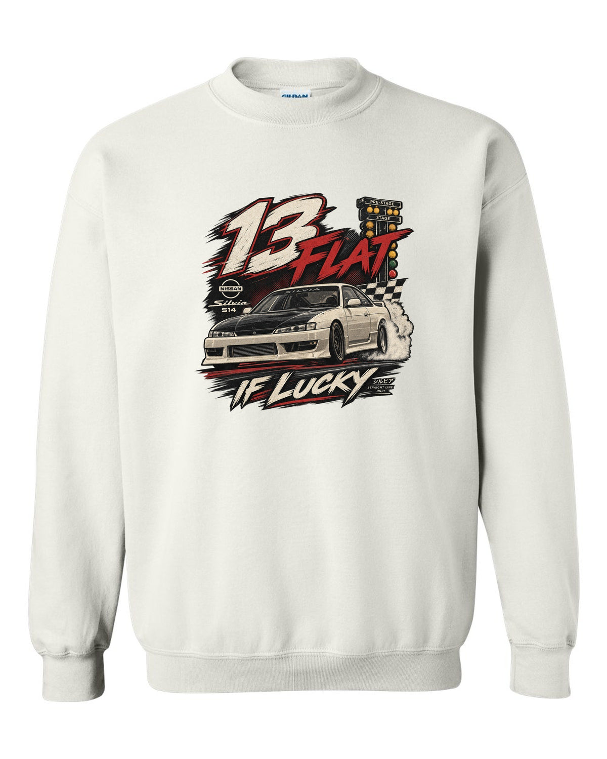 Vintage race poster print of a Nissan Silvia S14 with 13 flat if lucky text white crewneck front view with the design