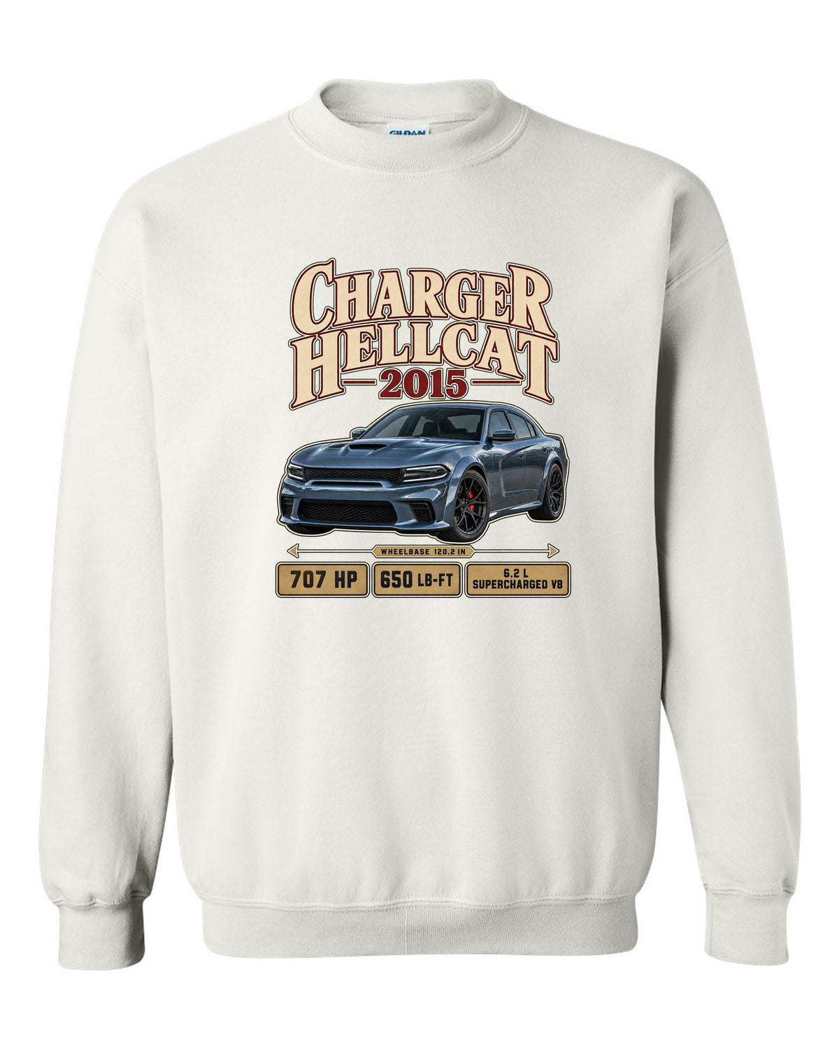 print of a 2015 Dodge Charger SRT Hellcat in an archive panel layout white crewneck front view with the design