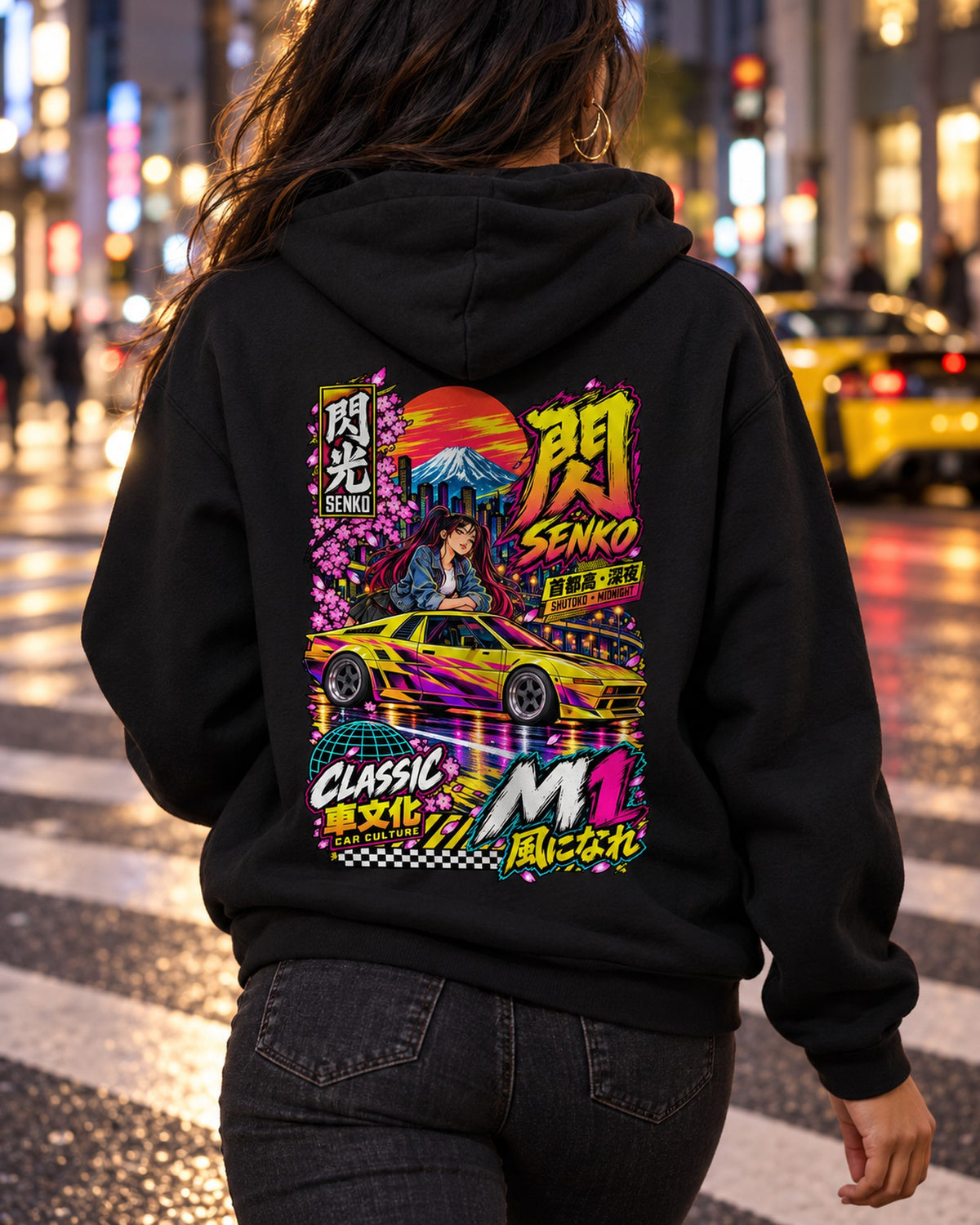SENKO M1 Anime Girl Full-Back Graphic Tee Pull Over Hoodie Black worn hero