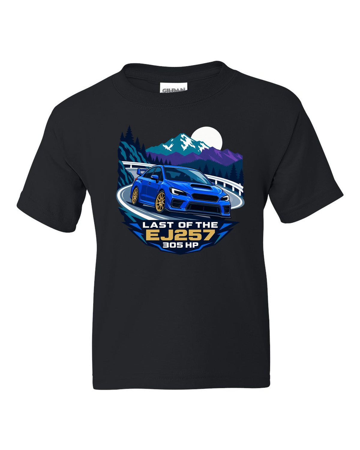 Flat vector minimalist Subaru WRX STI VAB on a hairpin corner black kids tee front view with the design