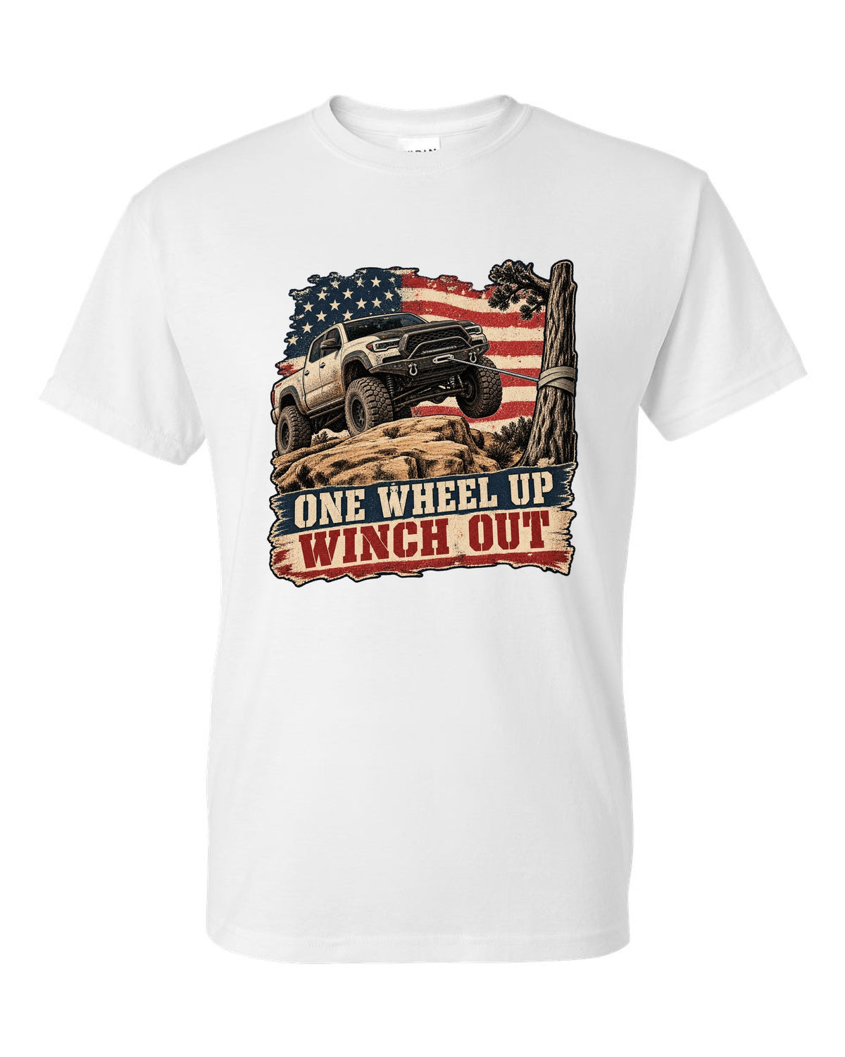 Distressed screen-print print of a Ram 2500 Power Wagon with one wheel lifted on a ledge white t-shirt front view with the design