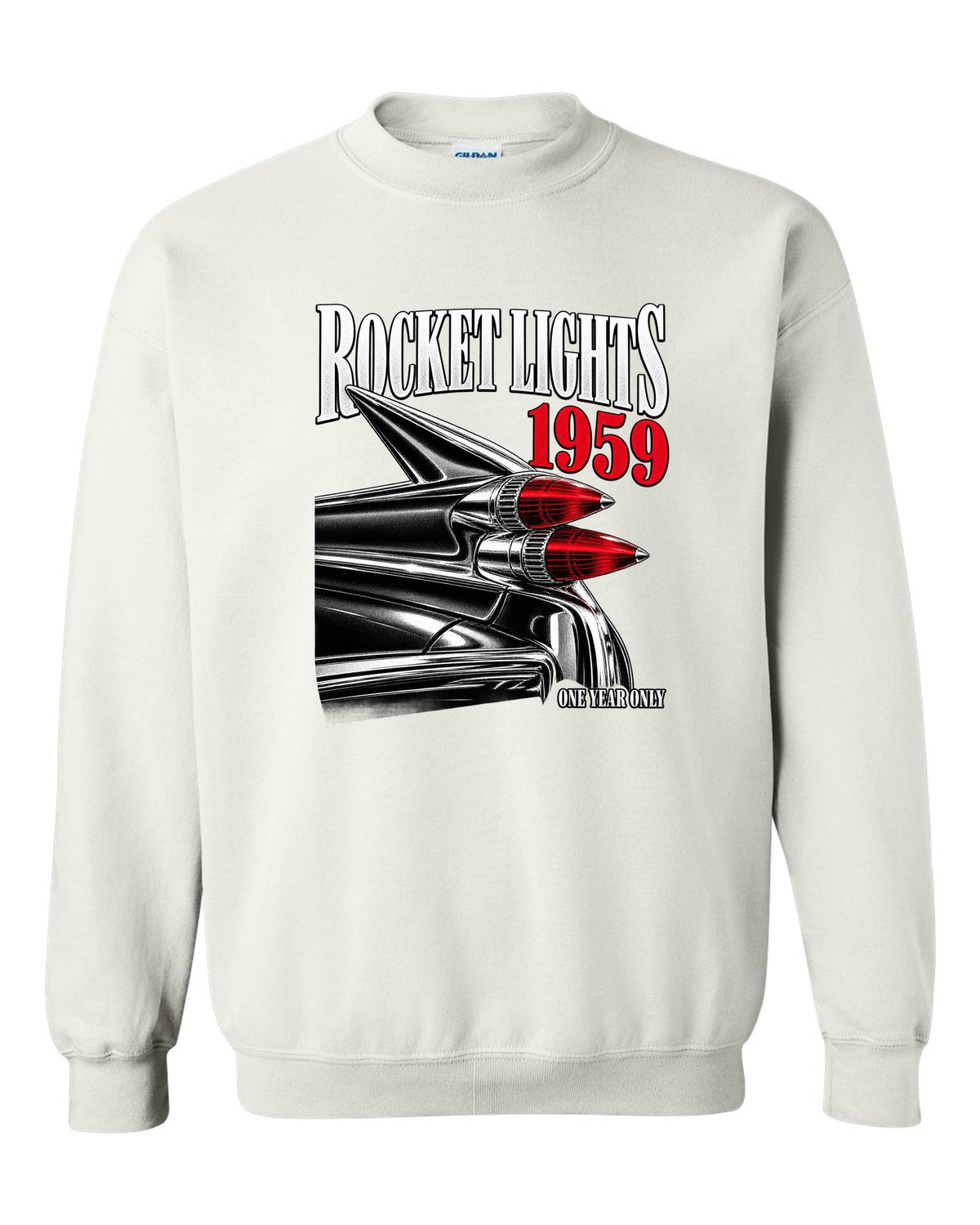 print macro of the rocket taillights on a 1959 Cadillac Series 62 Coupe de Ville white crewneck front view with the design