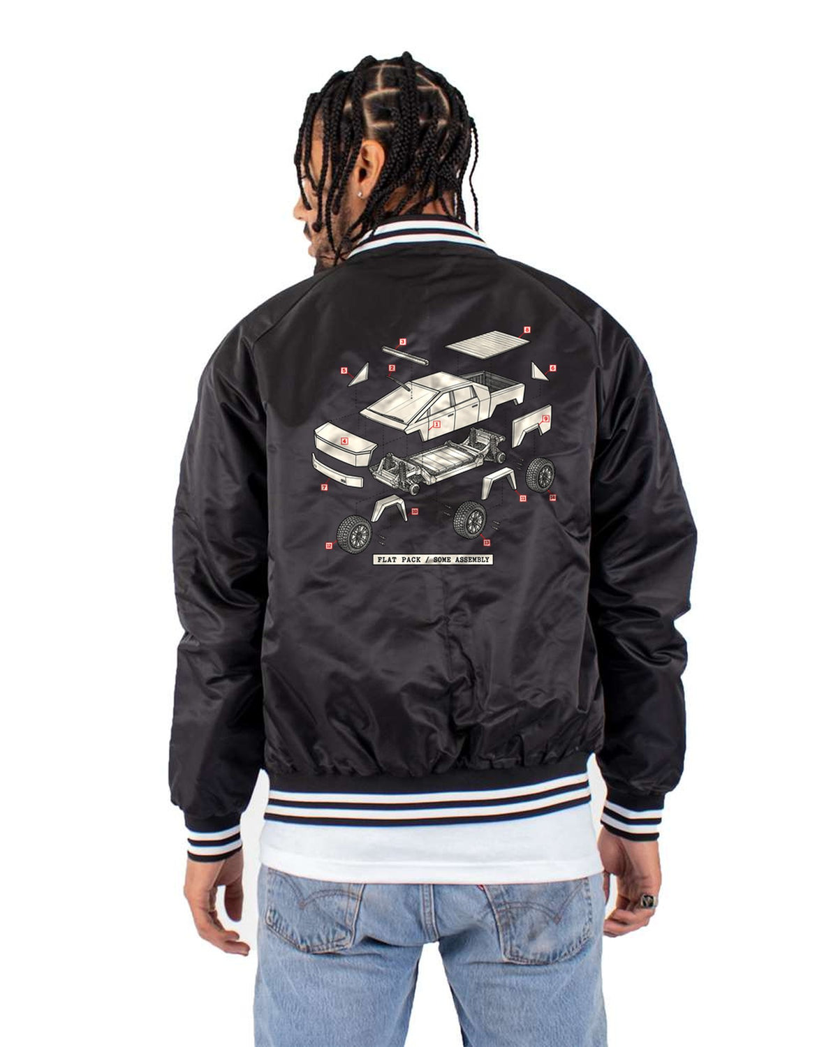 Cybertruck Exploded View Patent Drawing Shirt, Tesla Fan Gift Bomber Jacket Black back